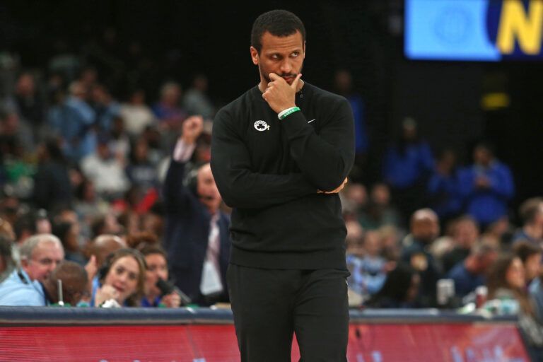Mar 31, 2025; Memphis, Tennessee, USA; Boston Celtics head coach Joe Mazzulla looks on during the third quarter against the Memphis Grizzlies at FedExForum. Mandatory Credit: Petre Thomas-Imagn Images