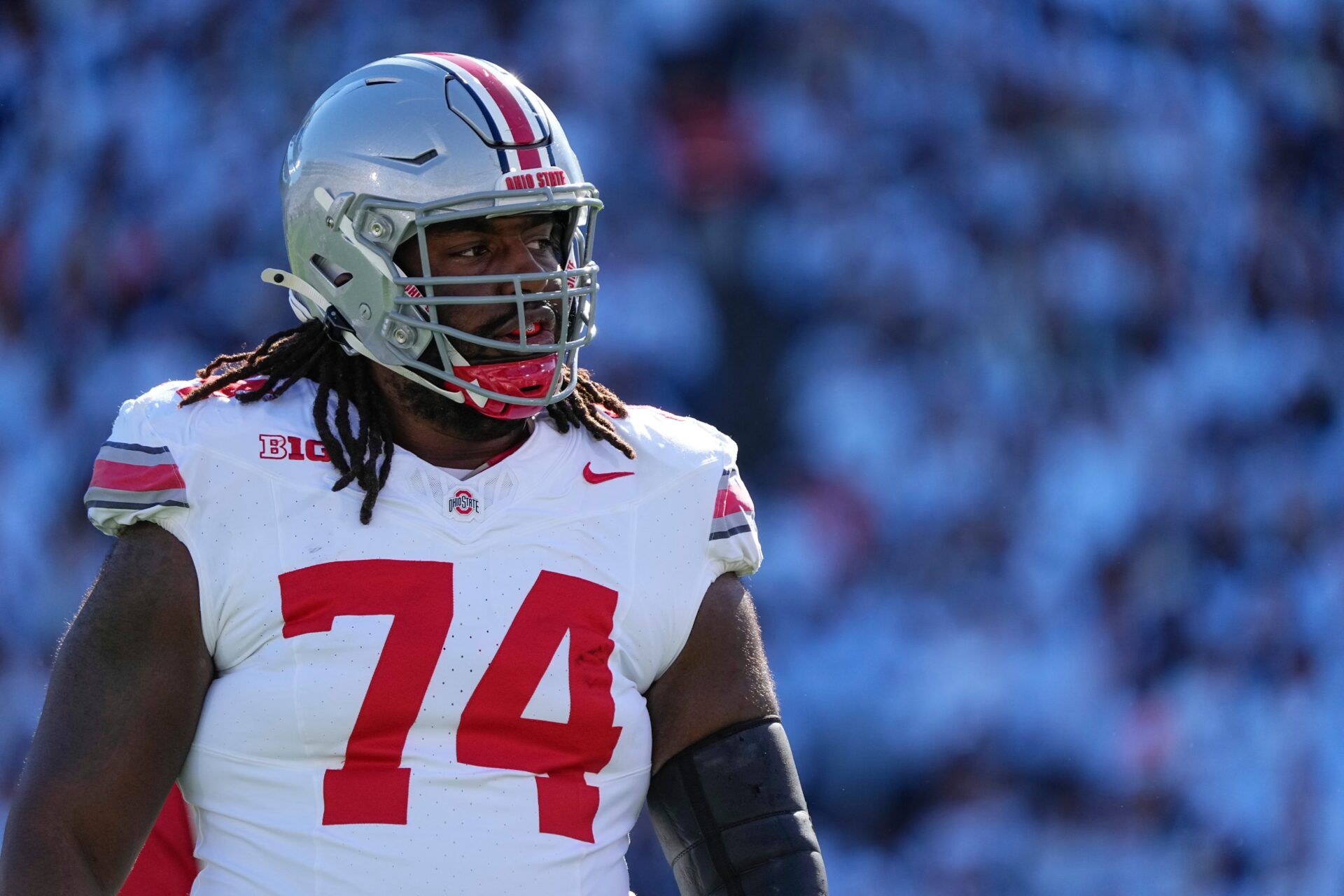 Ohio State Buckeyes offensive lineman Donovan Jackson (74) warms up prior to the NCAA football game against the Penn State Nittany Lions at Beaver Stadium in University Park, Pa. on Saturday, Nov. 2, 2024.