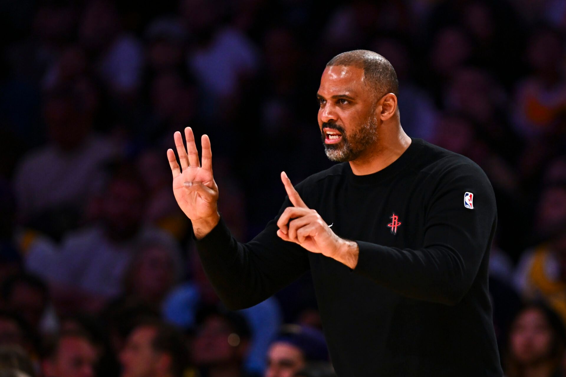 Houston Rockets head coach Ime Udoka reacts against the Los Angeles Lakers during the second half at Crypto.com Arena.
