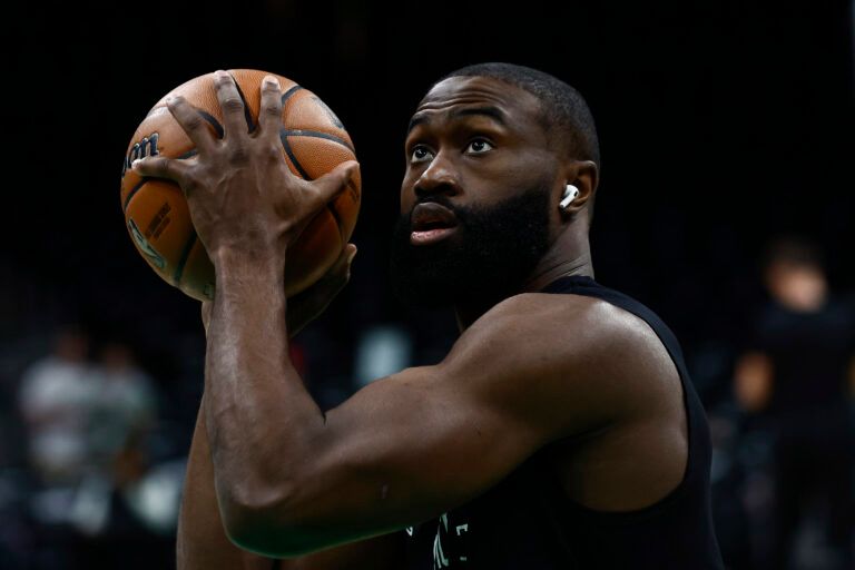 Apr 23, 2025; Boston, Massachusetts, USA; Boston Celtics guard Jaylen Brown (7) shoots before their game 2 against the Orlando Magic in the first round of the 2024 NBA Playoffs at TD Garden. Mandatory Credit: Winslow Townson-Imagn Images