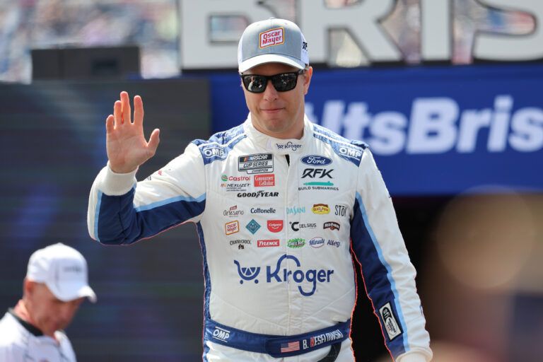 Apr 13, 2025; Bristol, Tennessee, USA; NASCAR Cup Series driver Brad Keselowski (6) during driver introductions for the NASCAR Food City 500 at Bristol Motor Speedway. Mandatory Credit: Randy Sartin-Imagn Images