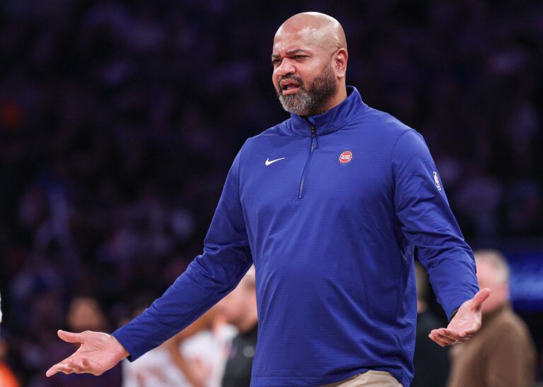 Dec 7, 2024; New York, New York, USA; Detroit Pistons head coach JB Bickerstaff reacts during the second half against the New York Knicks at Madison Square Garden. Mandatory Credit: Vincent Carchietta-Imagn Images