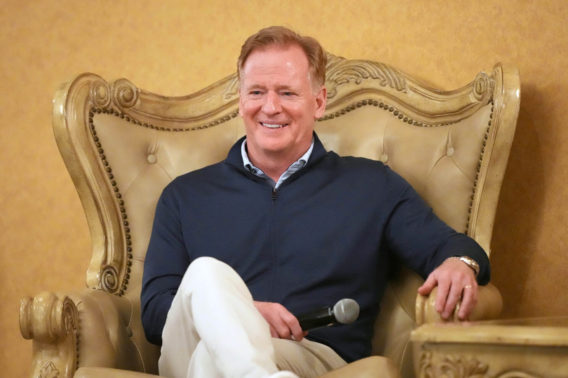 Apr 23, 2025; Green Bay, WI, USA; NFL commissioner Roger Goodell at the NFL Draft Fan Forum at the Tundra Lodge. Mandatory Credit: Kirby Lee-Imagn Images