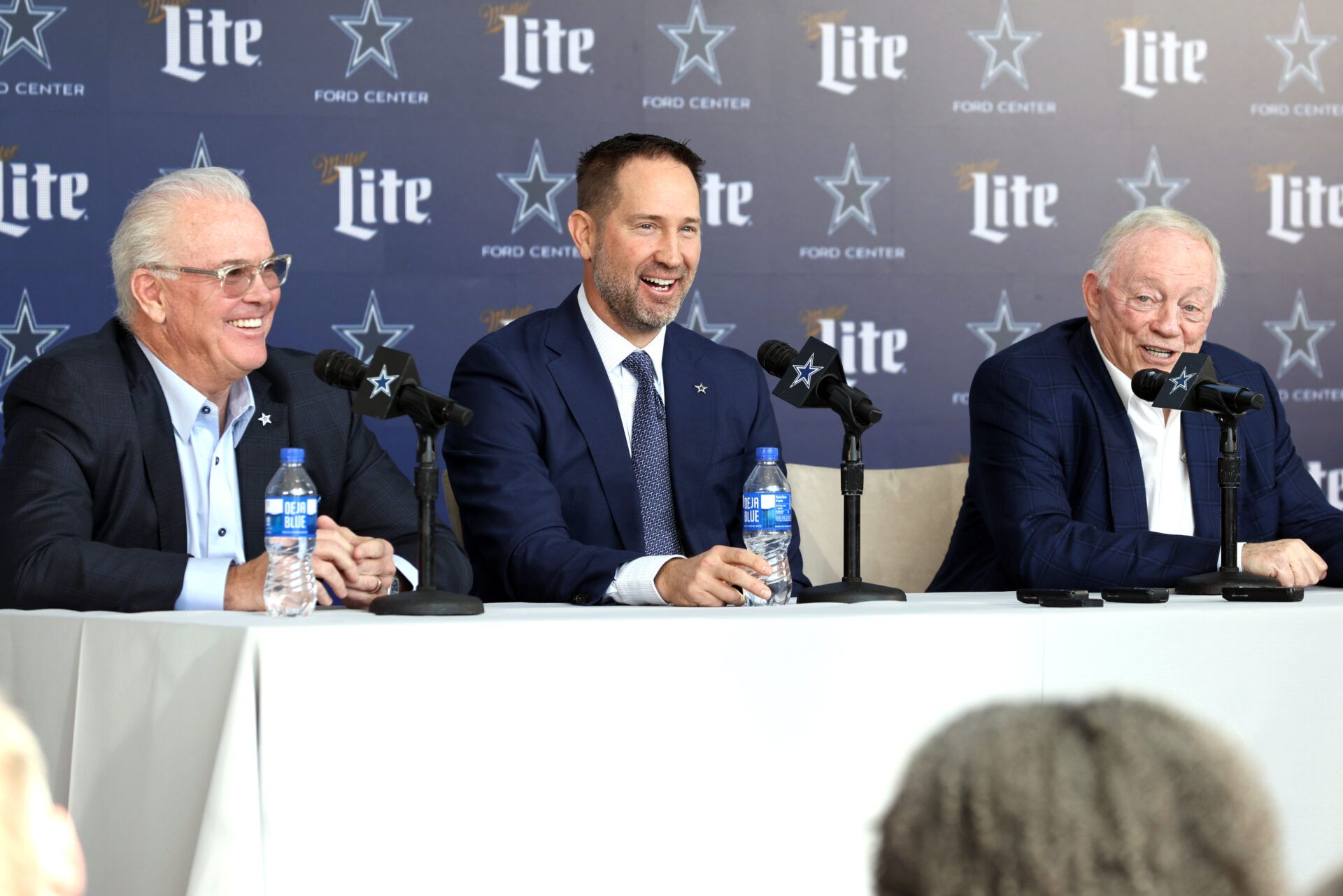 Jan 27, 2025; Frisco, TX, USA; (L to R) Dallas Cowboys CEO Stephen Jones, head coach Brian Schottenheimer and owner Jerry Jones speak to the media at a press conference at the Star. Mandatory Credit: Tim Heitman-Imagn Images