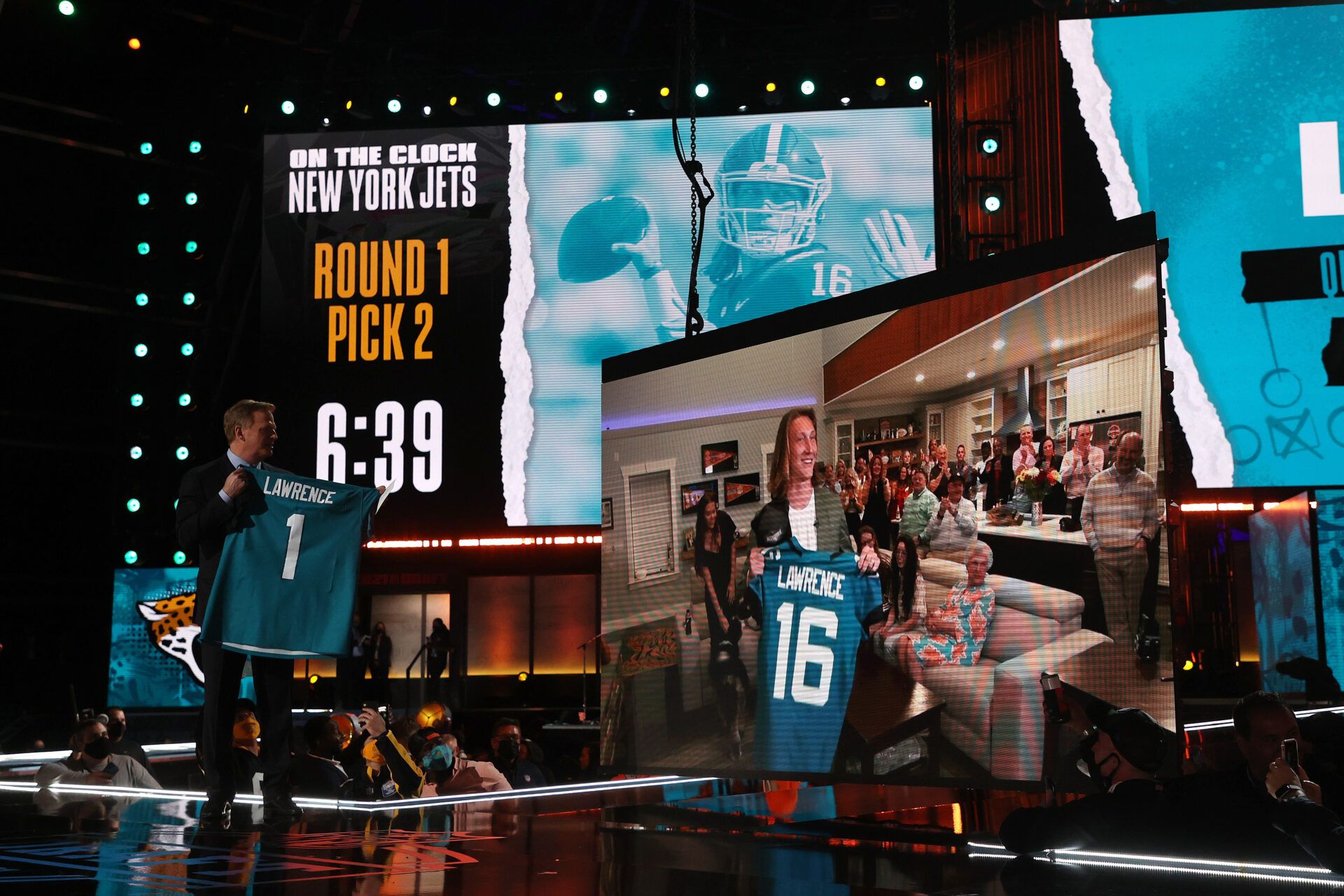 CLEVELAND, OHIO - APRIL 29: NFL Commissioner Roger Goodell announces the Jacksonville Jaguars selection of Trevor Lawrence with the first pick of the 2021 NFL Draft at the Great Lakes Science Center on April 29, 2021 in Cleveland, Ohio. (Photo by Gregory Shamus/Getty Images)