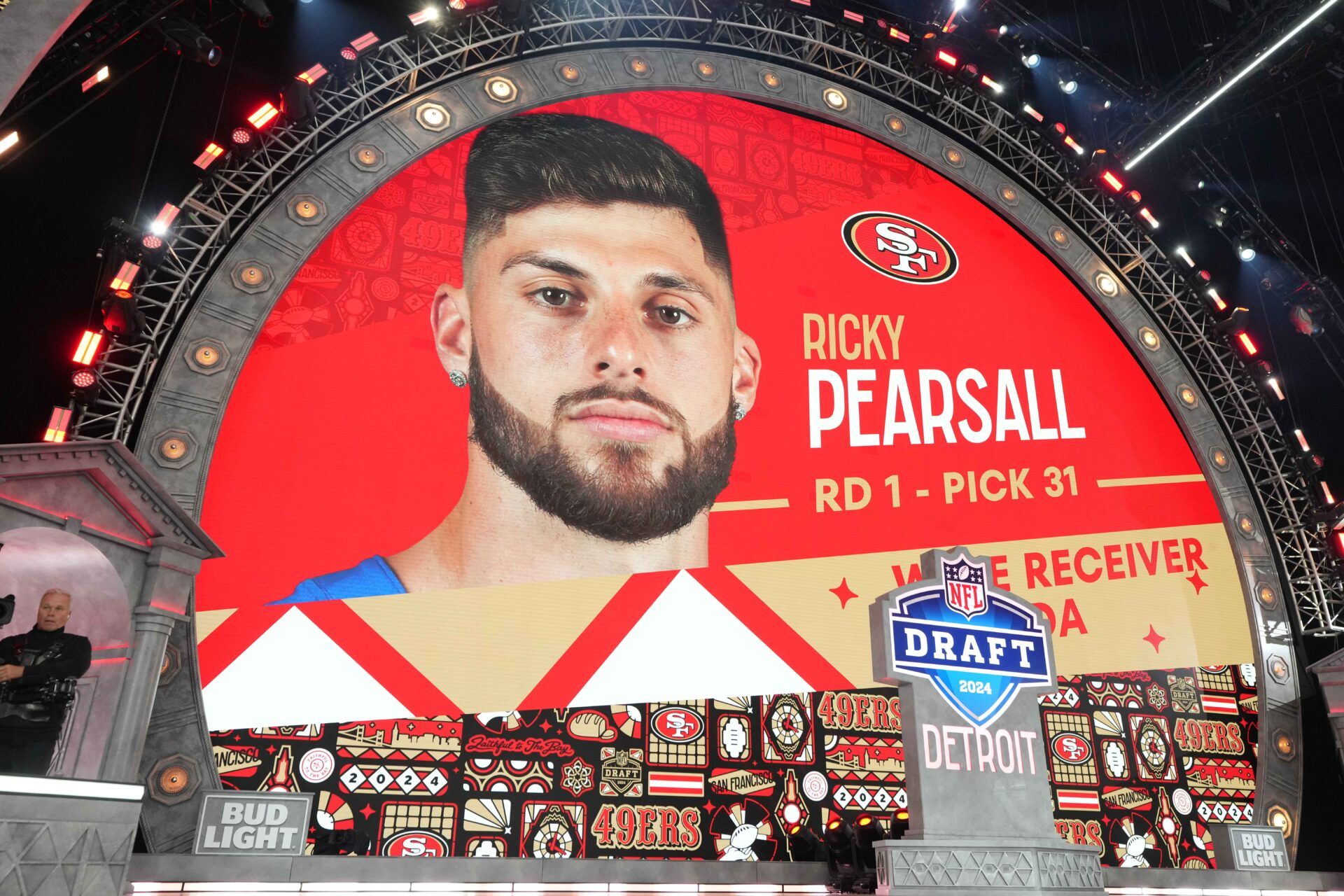Apr 25, 2024; Detroit, MI, USA; Florida Gators wide receiver Ricky Pearsall is selected as the No. 31 pick of the first round by the San Francisco 49ers during the 2024 NFL Draft at Campus Martius Park and Hart Plaza. Mandatory Credit: Kirby Lee-USA TODAY Sports