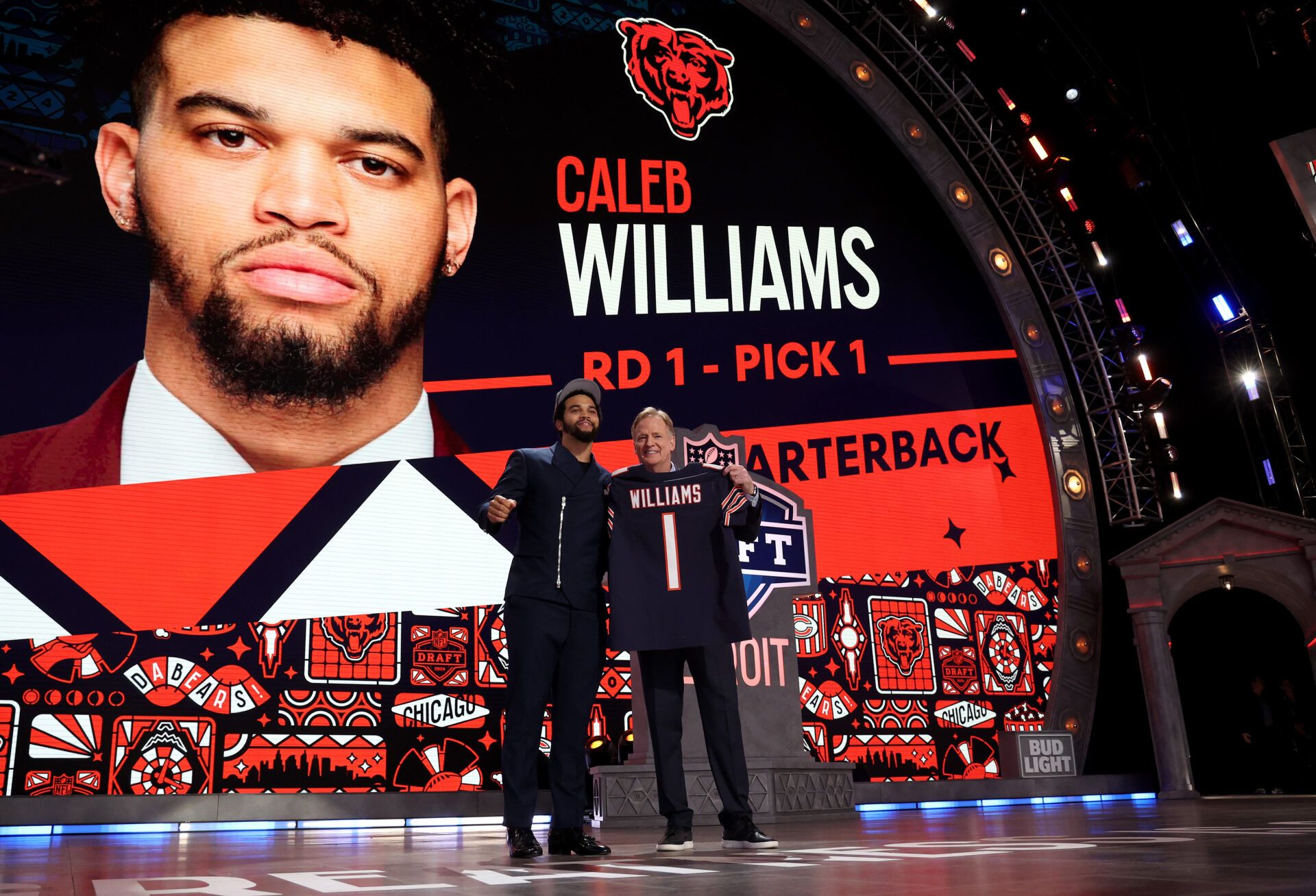DETROIT, MICHIGAN - APRIL 25: (L-R) Caleb Williams poses with NFL Commissioner Roger Goodell after being selected first overall by the Chicago Bears during the first round of the 2024 NFL Draft at Campus Martius Park and Hart Plaza on April 25, 2024 in Detroit, Michigan. (Photo by Gregory Shamus/Getty Images)