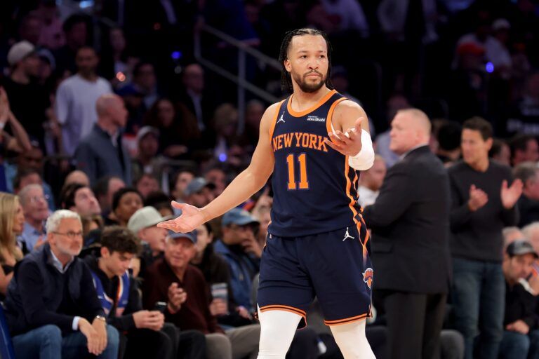 New York Knicks guard Jalen Brunson (11) reacts during the second quarter of game two of the first round of the 2024 NBA Playoffs against the Detroit Pistons at Madison Square Garden.