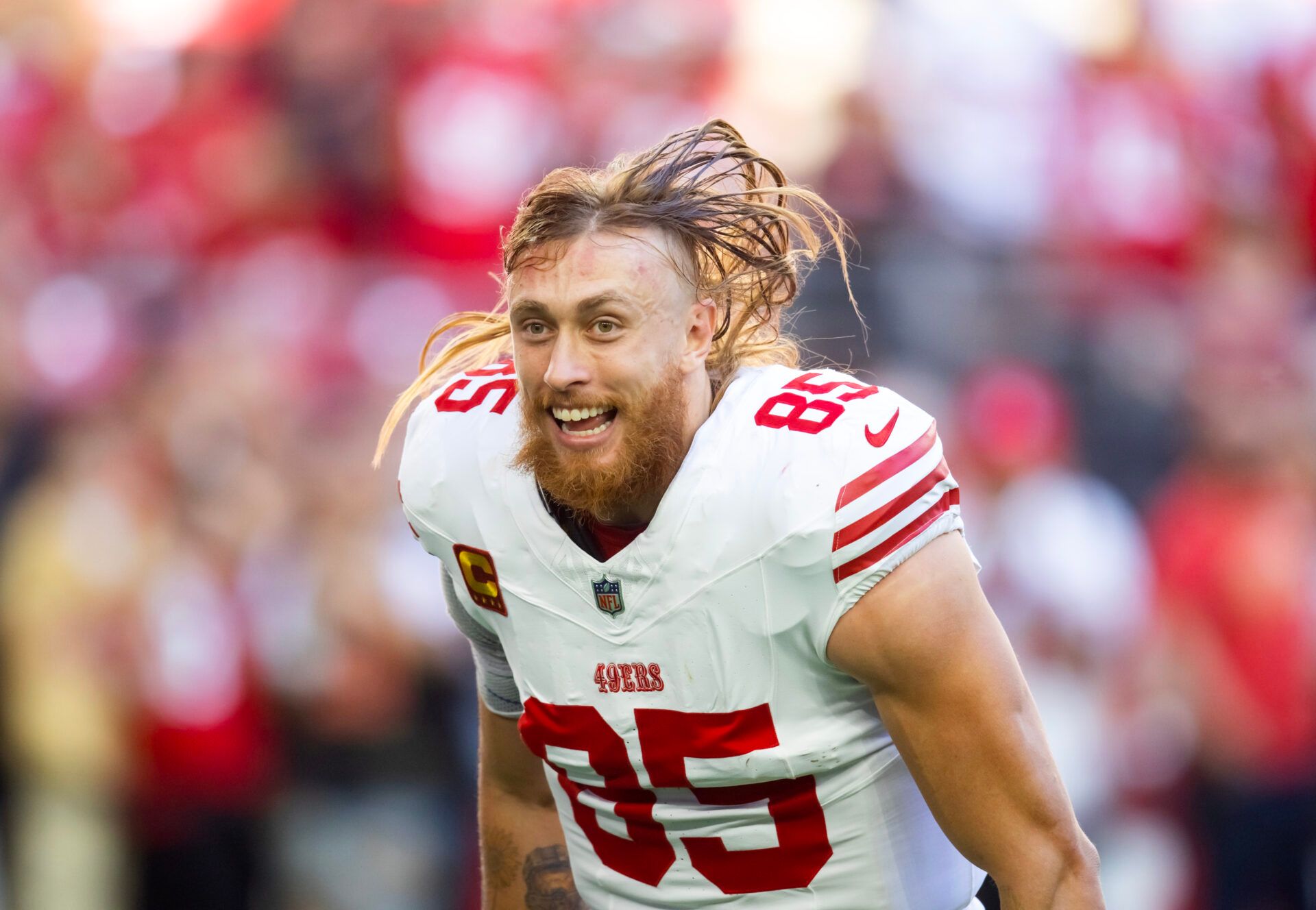 Jan 5, 2025; Glendale, Arizona, USA; San Francisco 49ers tight end George Kittle (85) reacts prior to the game against the Arizona Cardinals at State Farm Stadium. Mandatory Credit: Mark J. Rebilas-Imagn Images