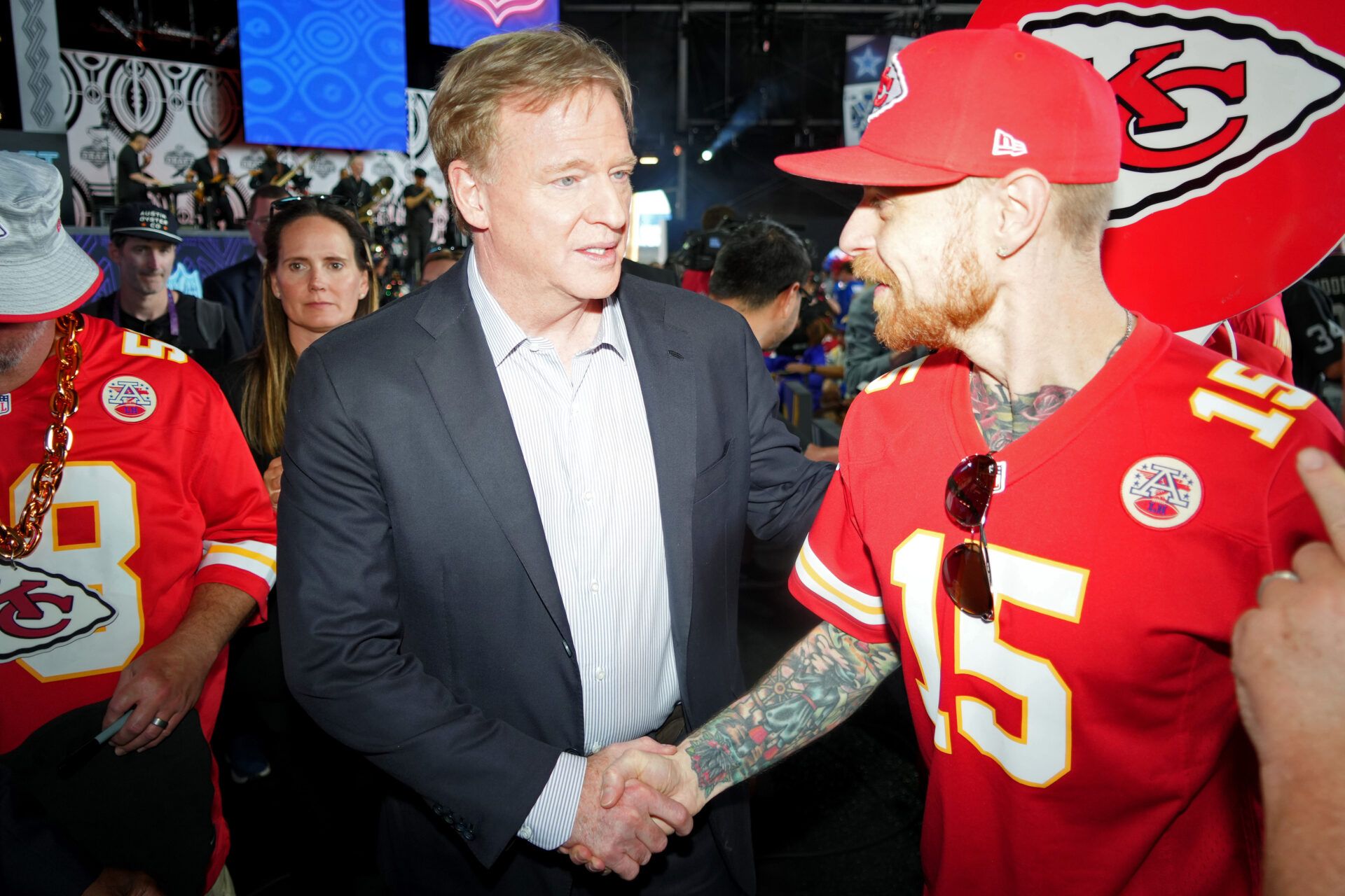 Apr 28, 2022; Las Vegas, NV, USA; NFL commissioner Roger Goodell shakes hands with a Kansas City Chiefs fan before the first round of the 2022 NFL Draft at the NFL Draft Theater. Mandatory Credit: Kirby Lee-USA TODAY Sports