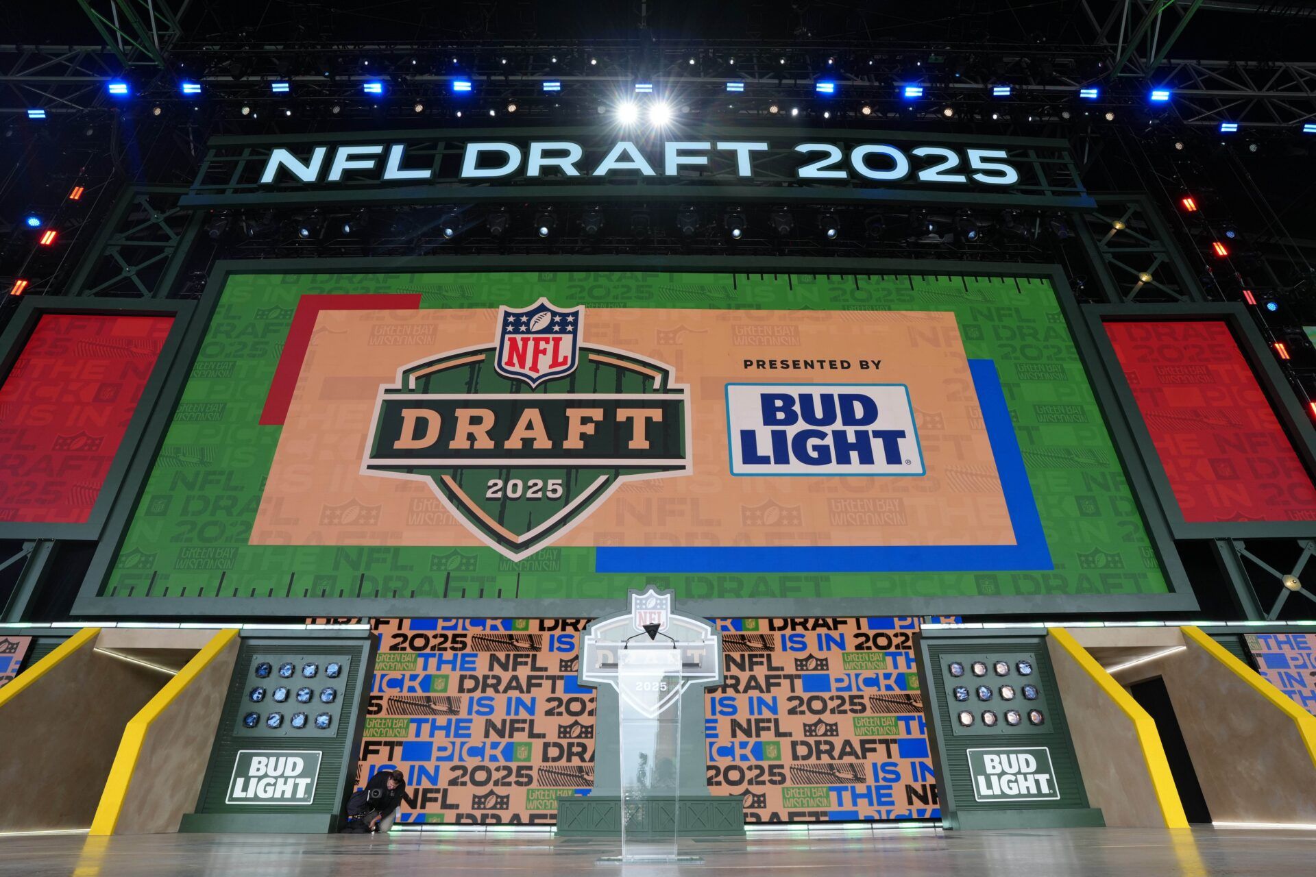 The Green Bay 2025 logo on the main stage before the NFL Draft at Lambeau Field.