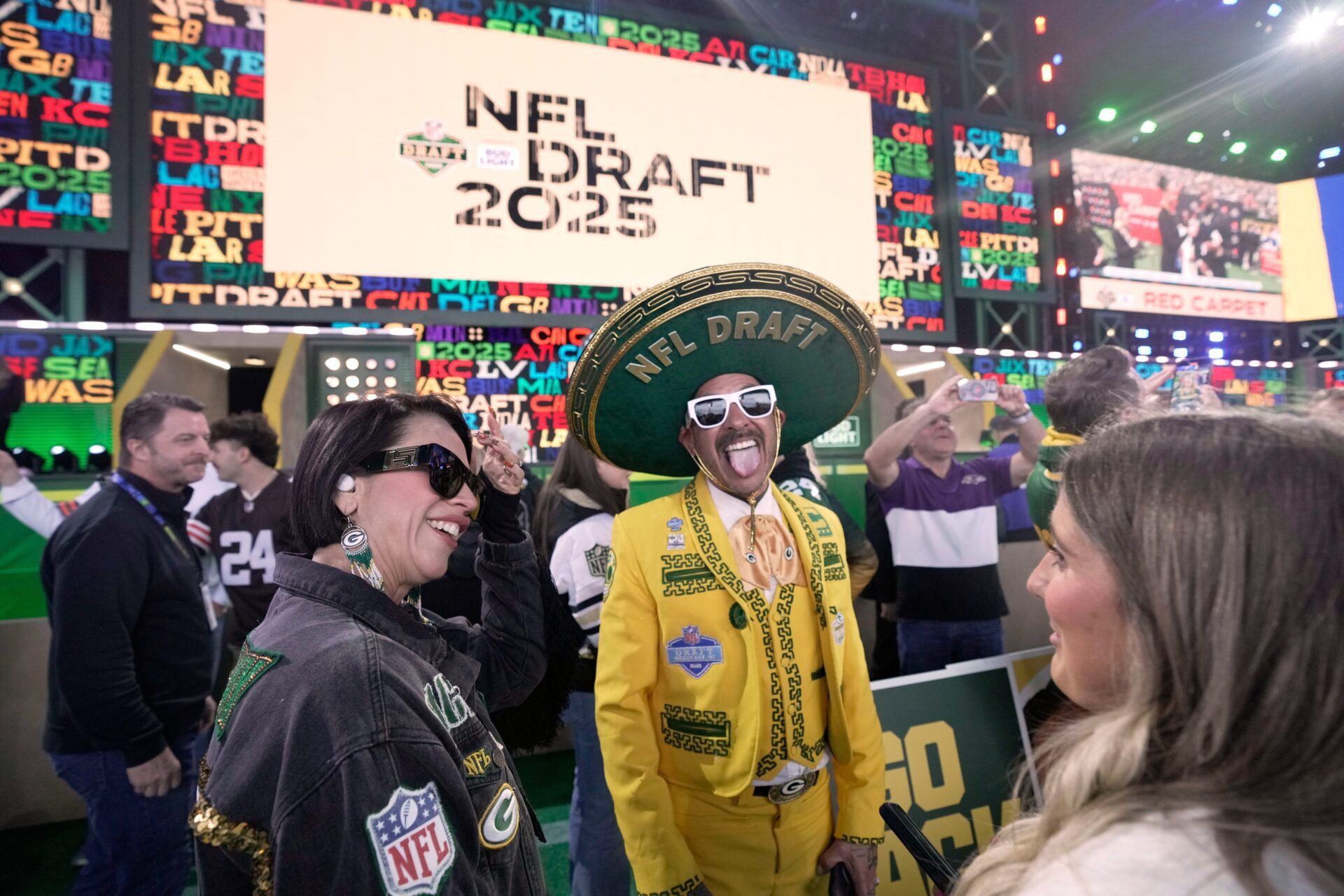 Green Bay Packer fans are shown before the start of the first round of the NFL Draft Thursday, April 24, 2025 in Green Bay, Wisconsin. It is the first time the draft will be held in Green Bay, the smallest market in the National Football League.