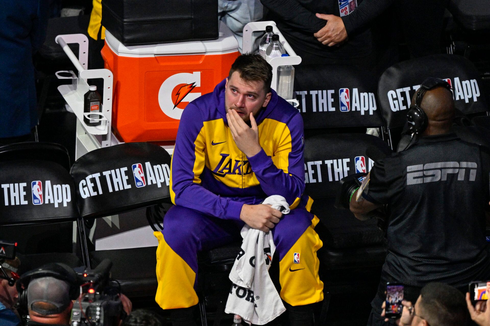 Apr 9, 2025; Dallas, Texas, USA; Los Angeles Lakers guard Luka Doncic (77) looks on as the Dallas Mavericks play a tribute video for Doncic before the game against the Lakers at the American Airlines Center. Mandatory Credit: Jerome Miron-Imagn Images