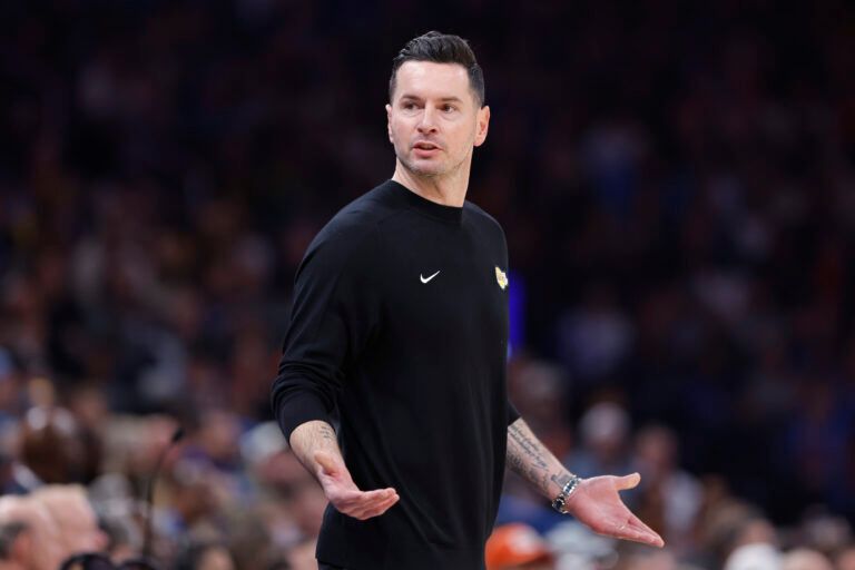 Apr 6, 2025; Oklahoma City, Oklahoma, USA; Los Angeles Lakers head coach JJ Redick gestures to his team during a play against the Oklahoma City Thunder during the second quarter at Paycom Center. Mandatory Credit: Alonzo Adams-Imagn Images