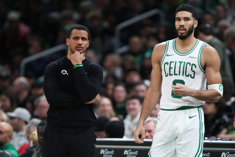 Dec 7, 2024; Boston, Massachusetts, USA; Boston Celtics head coach Joe Mazzulla and Boston Celtics forward Jayson Tatum (0) react during the first half against the Memphis Grizzlies at TD Garden. Mandatory Credit: Paul Rutherford-Imagn Images