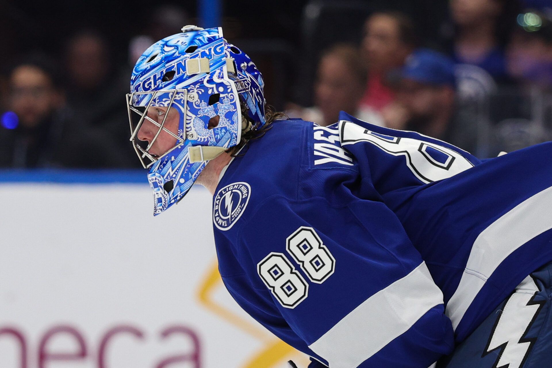 Apr 24, 2025; Tampa, Florida, USA; Tampa Bay Lightning goaltender Andrei Vasilevskiy (88) looks on against the Florida Panthers during the second period in game two of the first round of the 2025 Stanley Cup Playoffs at Amalie Arena. Mandatory Credit: Nathan Ray Seebeck-Imagn Images