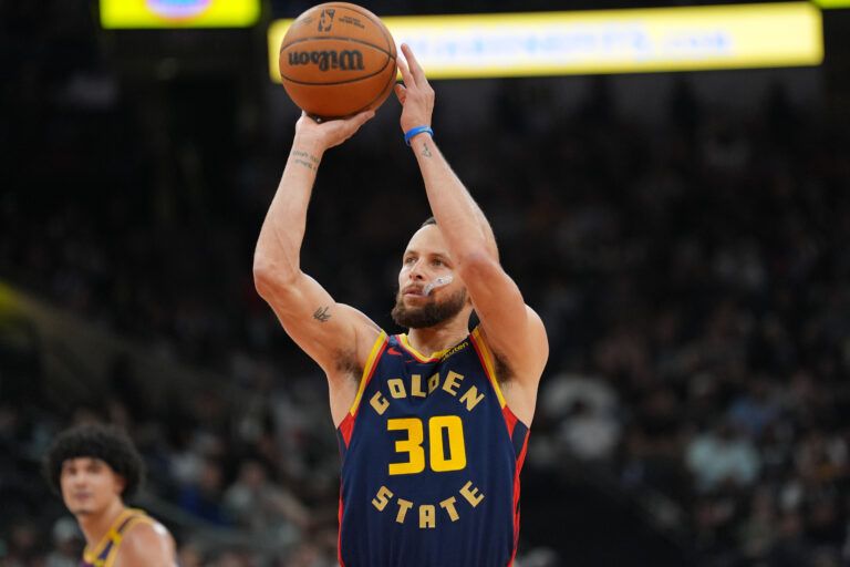 Mar 30, 2025; San Antonio, Texas, USA; Golden State Warriors guard Stephen Curry (30) shoots a free throw in the first half against the San Antonio Spurs at Frost Bank Center. Mandatory Credit: Daniel Dunn-Imagn Images