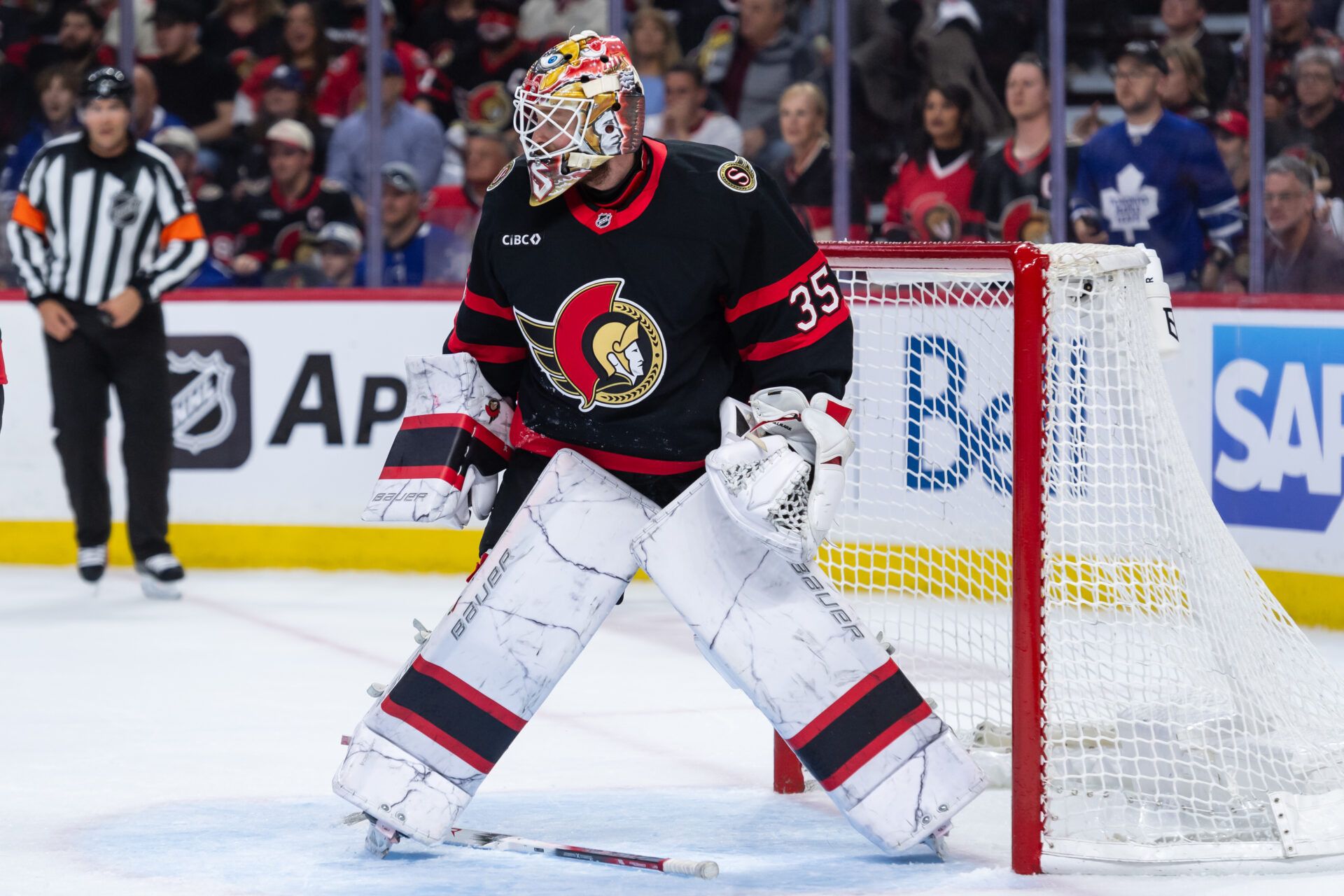 Apr 24, 2025; Ottawa, Ontario, CAN; Ottawa Senators goalie Linus Ullmark (35) loses his stick in game three of the first round of the 2025 Stanley Cup Playoffs against the Toronto Maple Leafs at Canadian Tire Centre. Mandatory Credit: Marc DesRosiers-Imagn Images