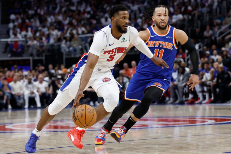 Apr 24, 2025; Detroit, Michigan, USA; Detroit Pistons guard Malik Beasley (5) dribbles on New York Knicks guard Jalen Brunson (11) in the second half during game three of first round for the 2024 NBA Playoffs at Little Caesars Arena. Mandatory Credit: Rick Osentoski-Imagn Images