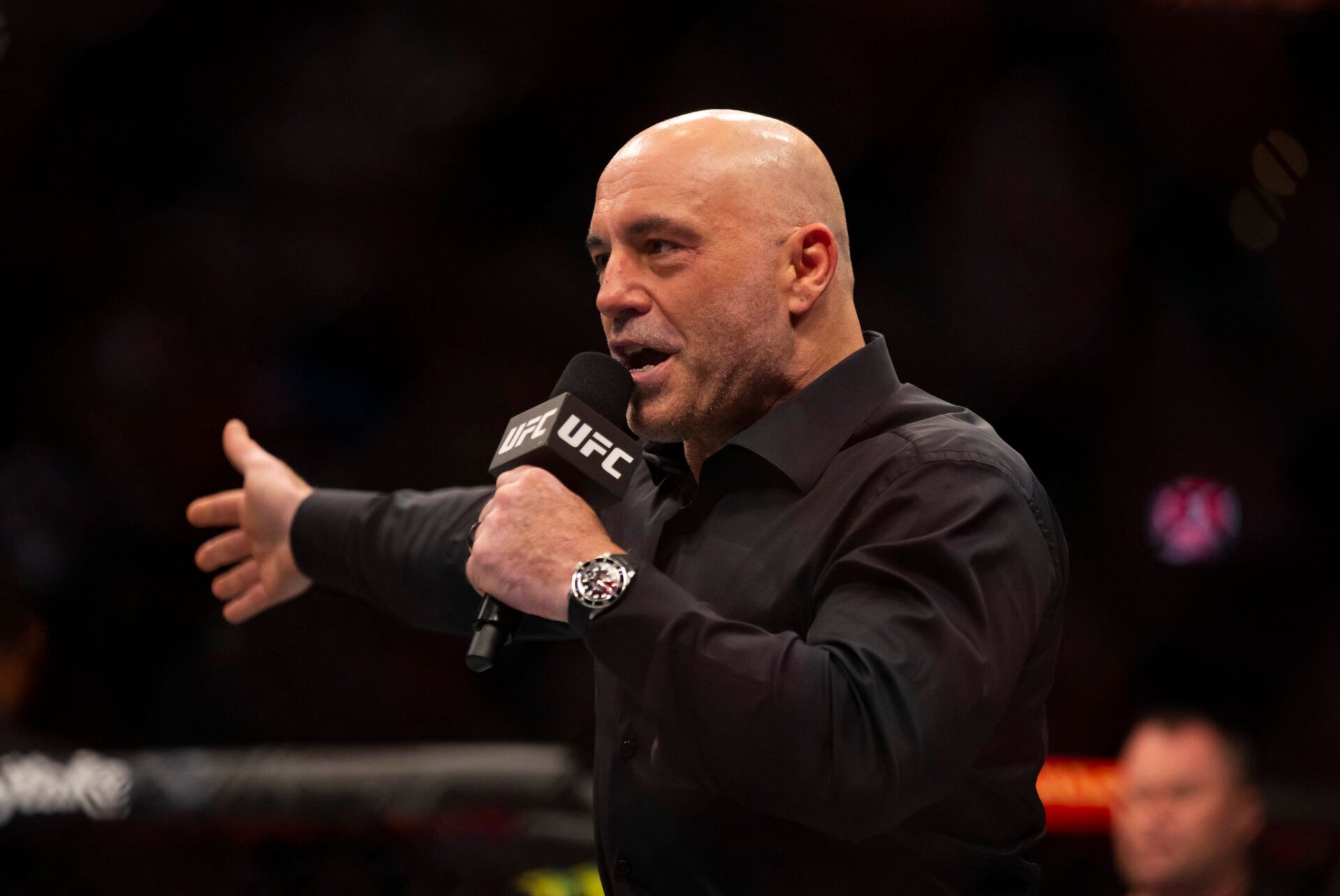 May 7, 2022; Phoenix, Arizona, USA; UFC host Joe Rogan during UFC 274 at Footprint Center. Mandatory Credit: Mark J. Rebilas-USA TODAY Sports