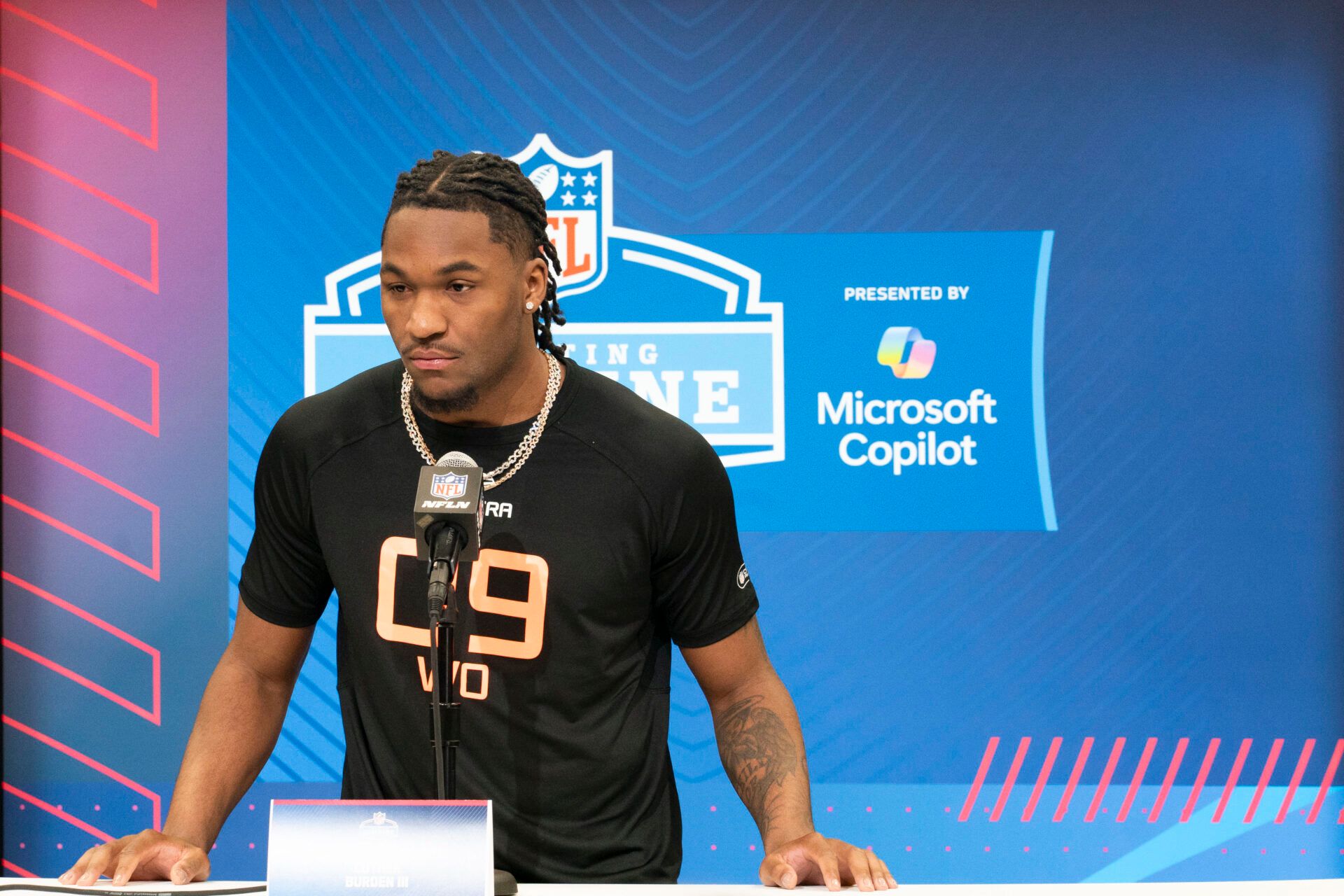 Feb 28, 2025; Indianapolis, IN, USA; Missouri wideout Luther Burden III (WO09) answers questions at a press conference during the 2025 NFL Combine at Indiana Convention Center. Mandatory Credit: Stephanie Amador Blondet-Imagn Images