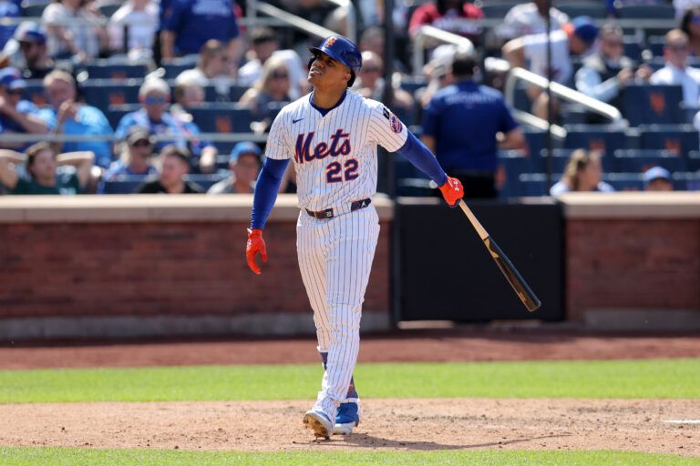Apr 23, 2025; New York City, New York, USA; New York Mets right fielder Juan Soto (22) reacts after striking out during the seventh inning against the Philadelphia Phillies at Citi Field. Mandatory Credit: Brad Penner-Imagn Images