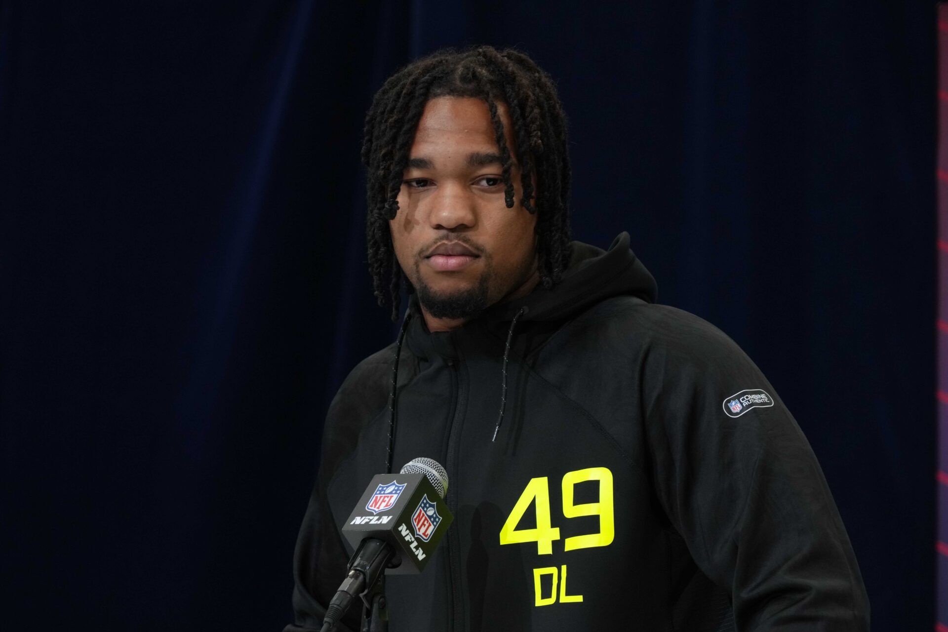 Feb 27, 2025; Indianapolis, IN, USA; Marshall defensive lineman Mike Green (DL49) during the 2025 NFL Scouting Combine at the Indiana Convention Center. Mandatory Credit: Kirby Lee-Imagn Images
