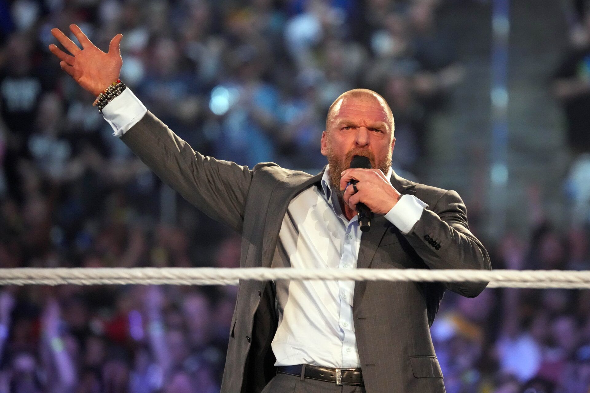 Apr 3, 2022; Arlington, TX, USA; WWE COO Triple H enters the arena and addresses fans during WrestleMania at AT&T Stadium. Mandatory Credit: Joe Camporeale-USA TODAY Sports