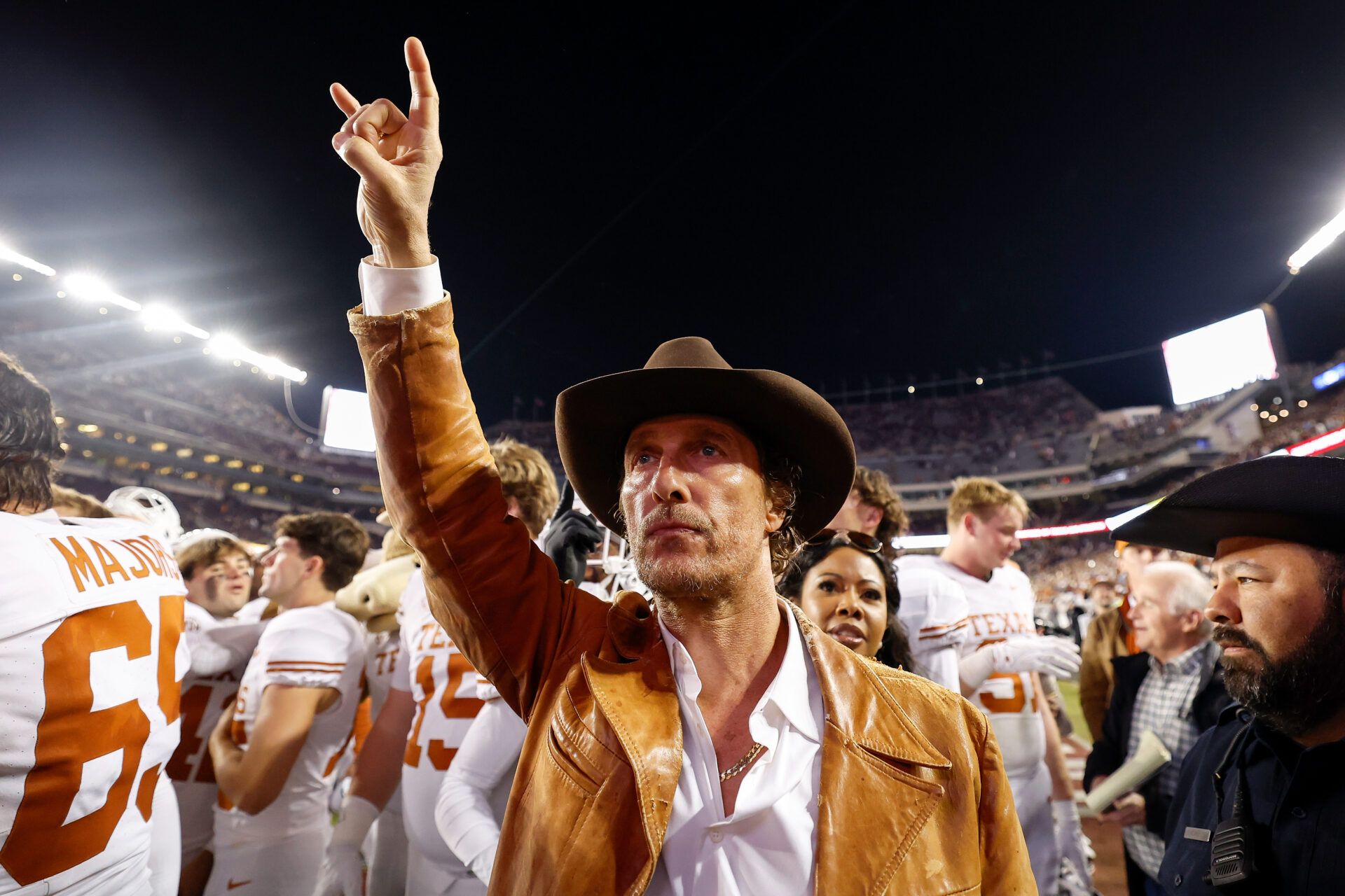 COLLEGE STATION, TEXAS - NOVEMBER 30: Actor Matthew McConaughey reacts after the game between the Texas A&M Aggies and the Texas Longhorns at Kyle Field on November 30, 2024 in College Station, Texas. (Photo by Tim Warner/Getty Images)