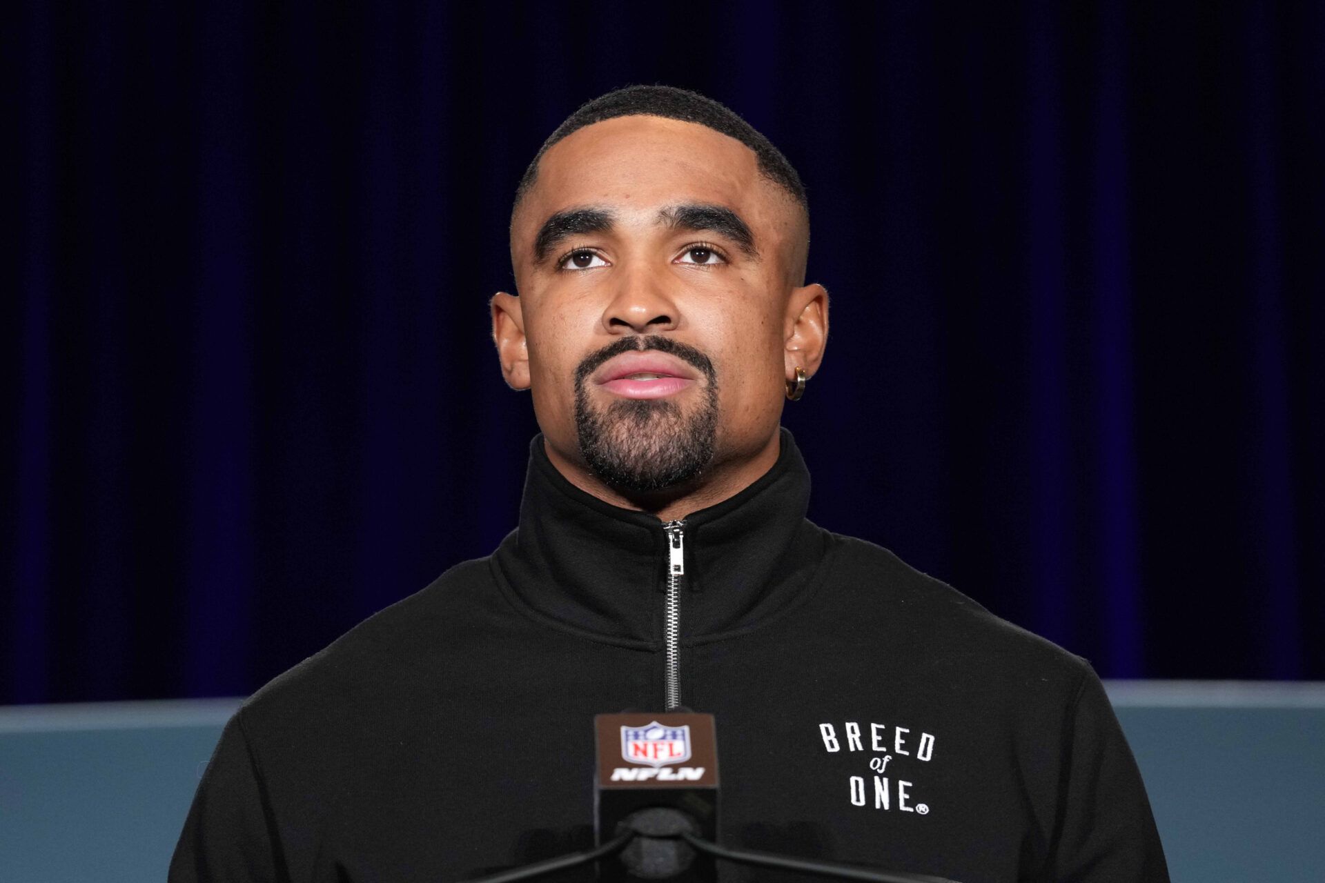 Feb 10, 2025; New Orleans, LA, USA; Philadelphia Eagles quarterback Jalen Hurts (1) speaks at the Super Bowl LIX Winning Head Coach and Most Valuable Player press conference at the Ernest N. Morial Convention Center. Mandatory Credit: Kirby Lee-Imagn Images