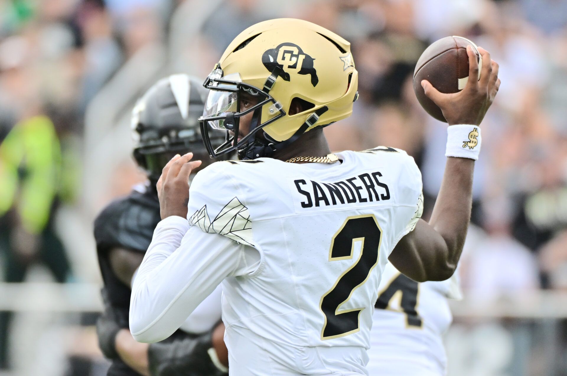 ORLANDO, FLORIDA - SEPTEMBER 28: Shedeur Sanders #2 of the Colorado Buffaloes drops back to throw a pass in the first quarter against the UCF Knights at FBC Mortgage Stadium on September 28, 2024 in Orlando, Florida. (Photo by Julio Aguilar/Getty Images)
