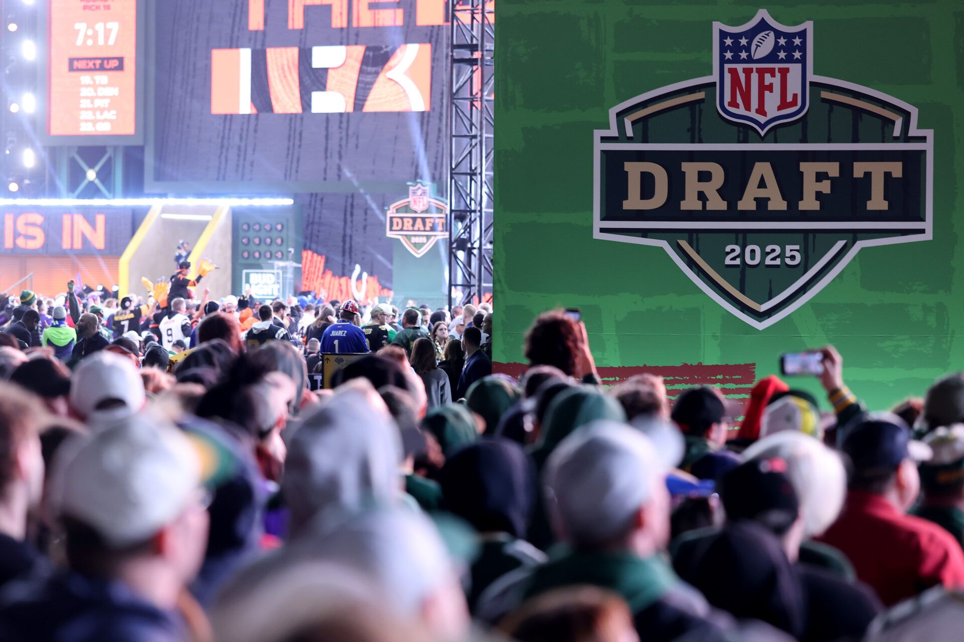 GREEN BAY, WISCONSIN - APRIL 24: A general view of the 2025 NFL Draft logo during the first round of the 2025 NFL Draft at Lambeau Field on April 24, 2025 in Green Bay, Wisconsin. (Photo by Michael Reaves/Getty Images)