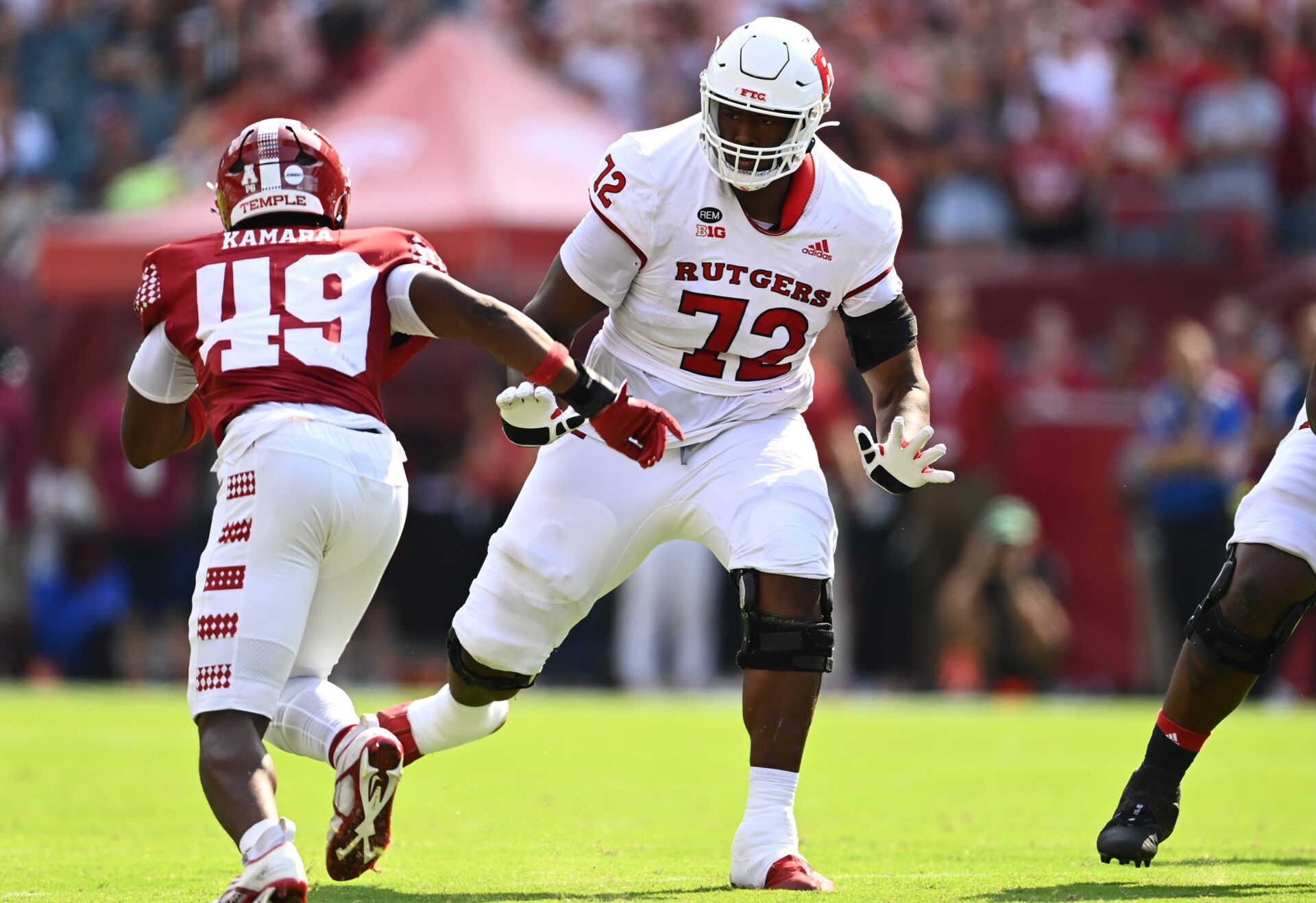 Sep 17, 2022; Philadelphia, Pennsylvania, USA; Rutgers Scarlet Knights offensive lineman Hollin Pierce (72) blocks against the Temple Owls in the first half at Lincoln Financial Field. Mandatory Credit: Kyle Ross-USA TODAY Sports