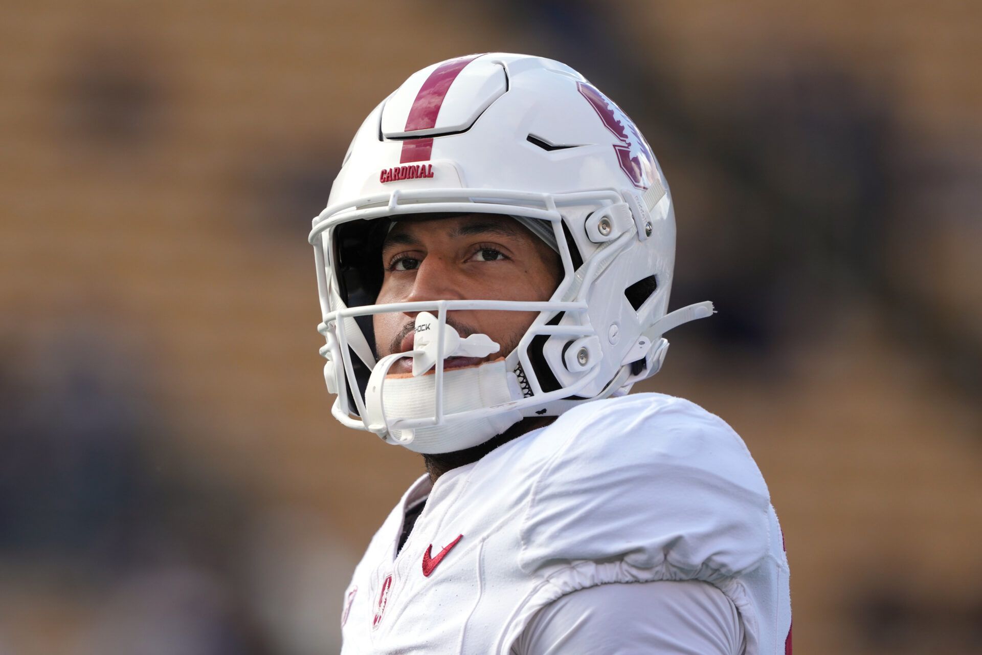 Nov 23, 2024; Berkeley, California, USA; Stanford Cardinal wide receiver Elic Ayomanor (13) before the game against the California Golden Bears at California Memorial Stadium. Mandatory Credit: Darren Yamashita-Imagn Images