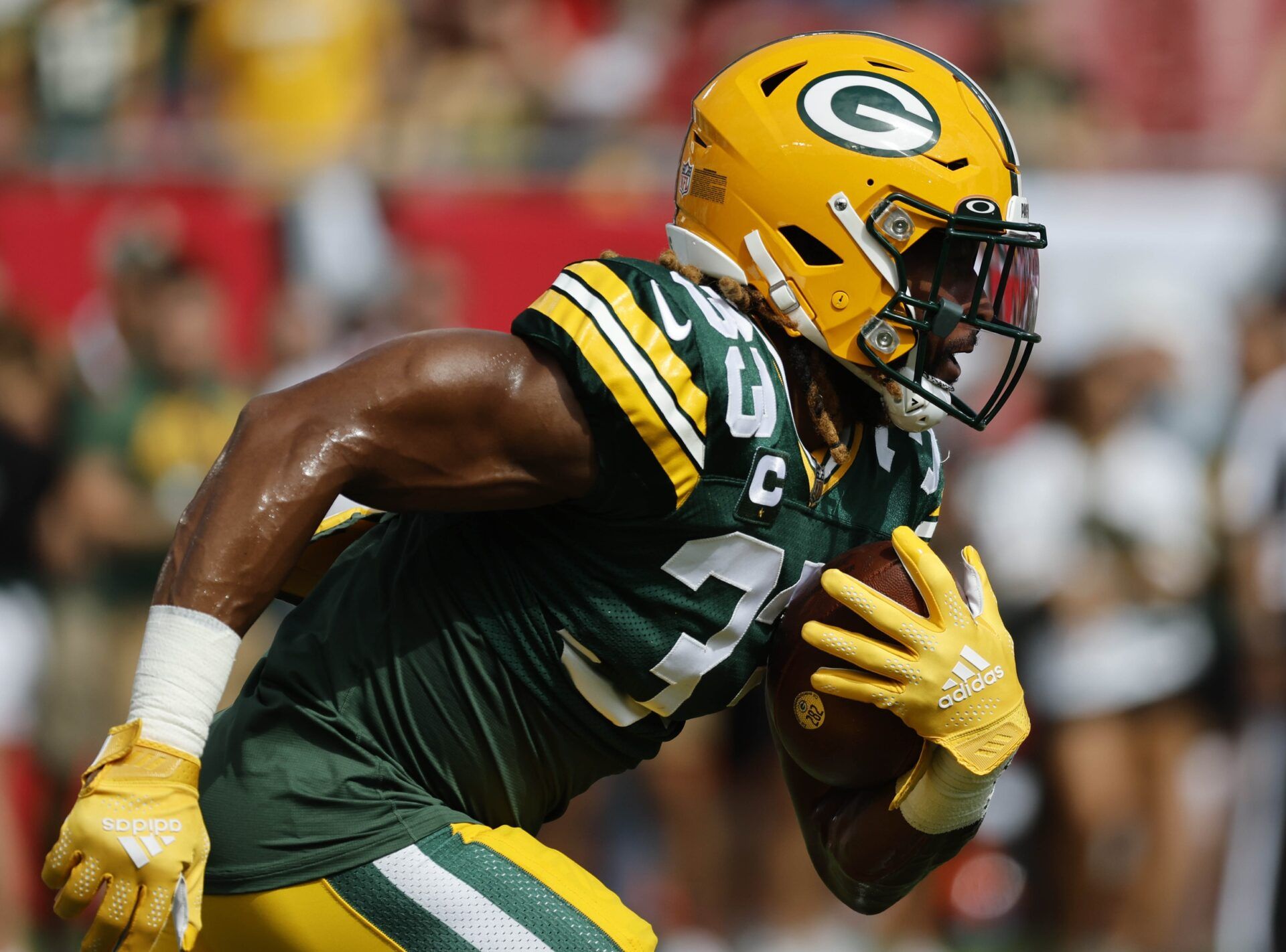 Green Bay Packers running back Aaron Jones (33) prior to the game against the Tampa Bay Buccaneers at Raymond James Stadium.