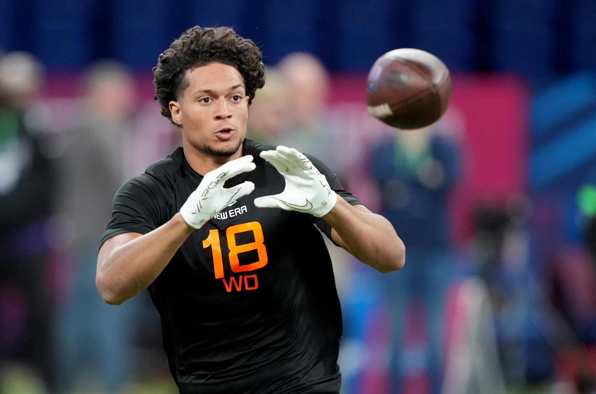 Iowa State wideout Jayden Higgins (WO18) during the 2025 NFL Combine at Lucas Oil Stadium.