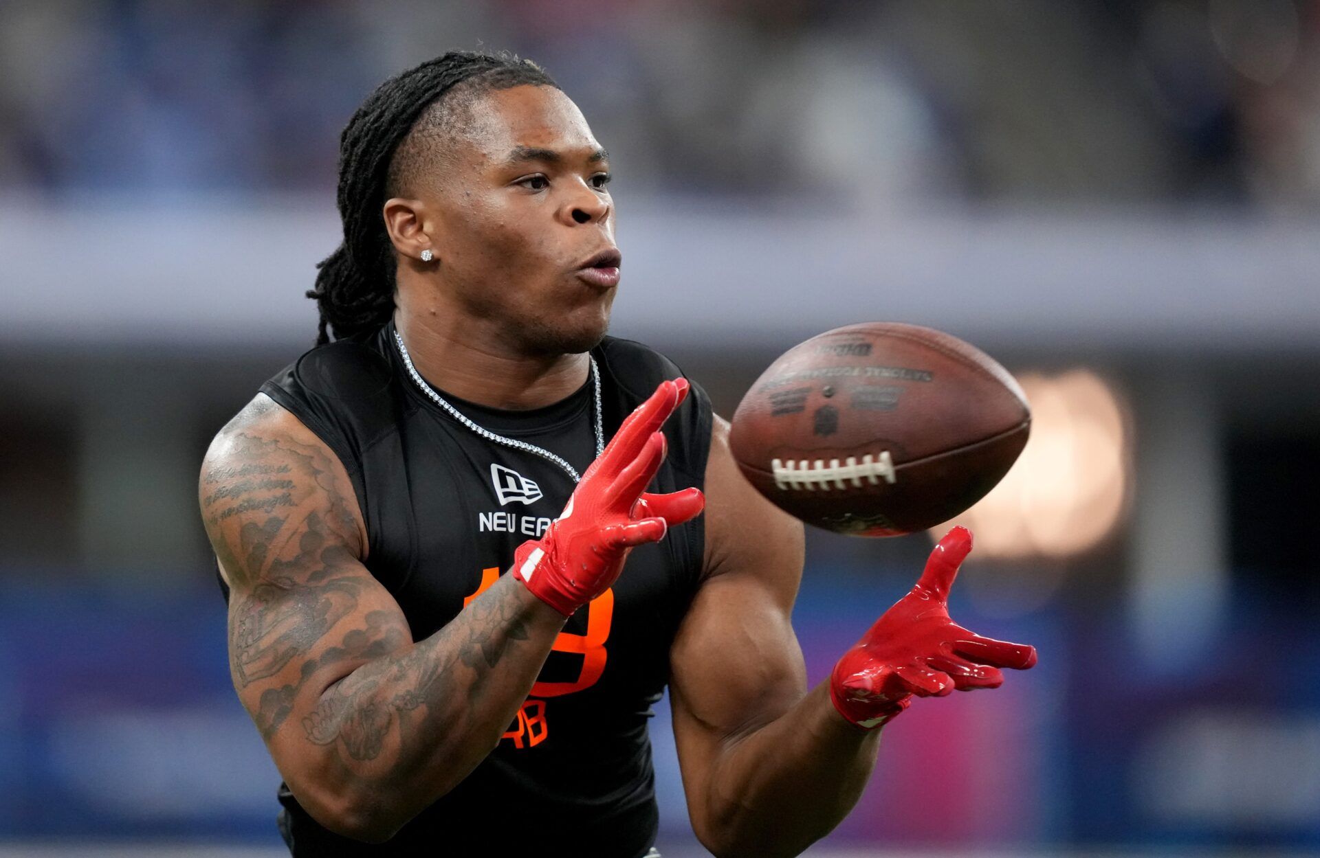 Ohio State running back Quinshon Judkins (RB18) during the 2025 NFL Combine at Lucas Oil Stadium.