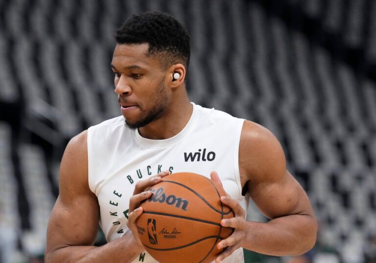 Apr 25, 2025; Milwaukee, Wisconsin, USA; Milwaukee Bucks forward Giannis Antetokounmpo (34) warms up before game three of first round of the 2024 NBA Playoffs at Fiserv Forum. Mandatory Credit: Michael McLoone-Imagn Images