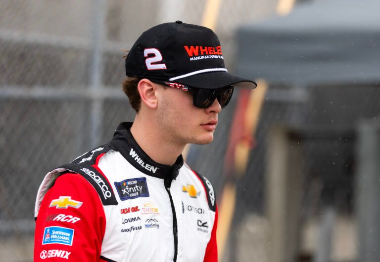 Feb 15, 2025; Daytona Beach, Florida, USA; NASCAR Xfinity Series driver Jesse Love (2) during qualifying for the United Rentals 300 at Daytona International Speedway. Mandatory Credit: Mark J. Rebilas-Imagn Images
