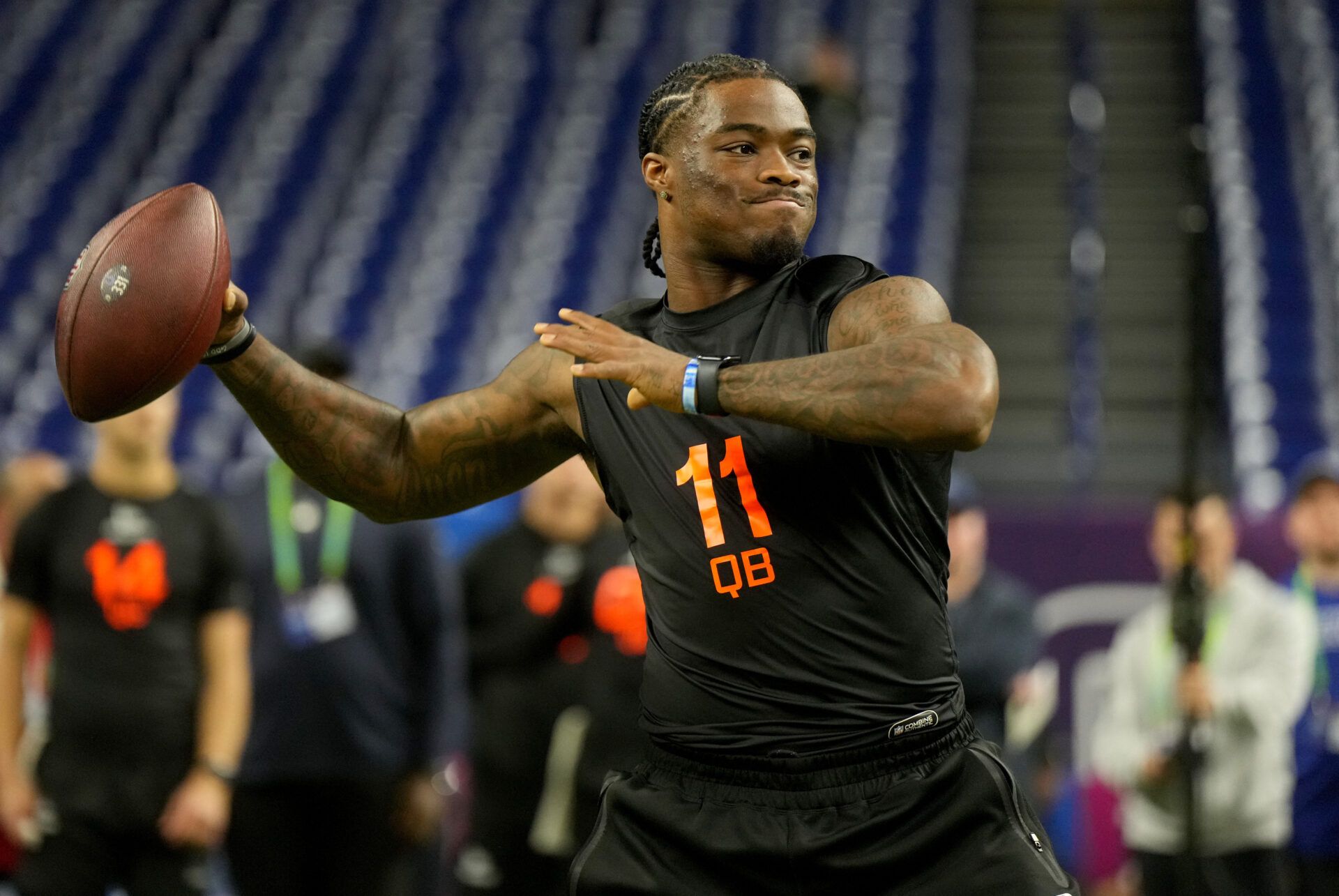 Mar 1, 2025; Indianapolis, IN, USA; Alabama quarterback Jalen Milroe (QB11) during the 2025 NFL Combine at Lucas Oil Stadium. Mandatory Credit: Kirby Lee-Imagn Images