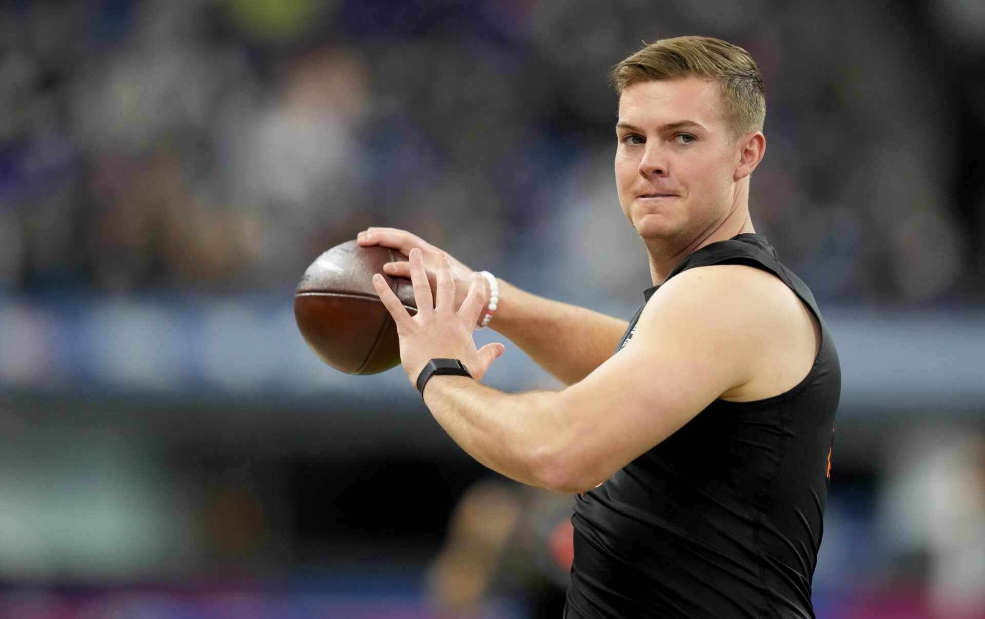 Mar 1, 2025; Indianapolis, IN, USA; Ohio State quarterback Will Howard (QB07) during the 2025 NFL Combine at Lucas Oil Stadium. Mandatory Credit: Kirby Lee-Imagn Images