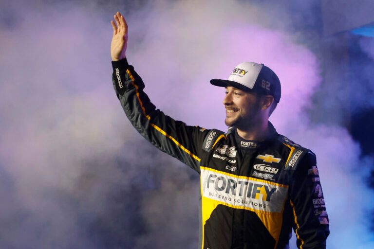Feb 13, 2025; Daytona Beach, Florida, USA; NASCAR Cup Series driver Anthony Alfredo (62) during driver introductions for the Duels at Daytona International Speedway. Mandatory Credit: Peter Casey-Imagn Images
