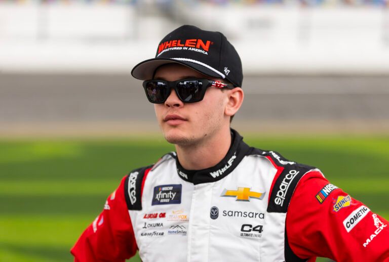 Feb 15, 2025; Daytona Beach, Florida, USA; NASCAR Xfinity Series driver Jesse Love (2) during qualifying for the United Rentals 300 at Daytona International Speedway. Mandatory Credit: Mark J. Rebilas-Imagn Images