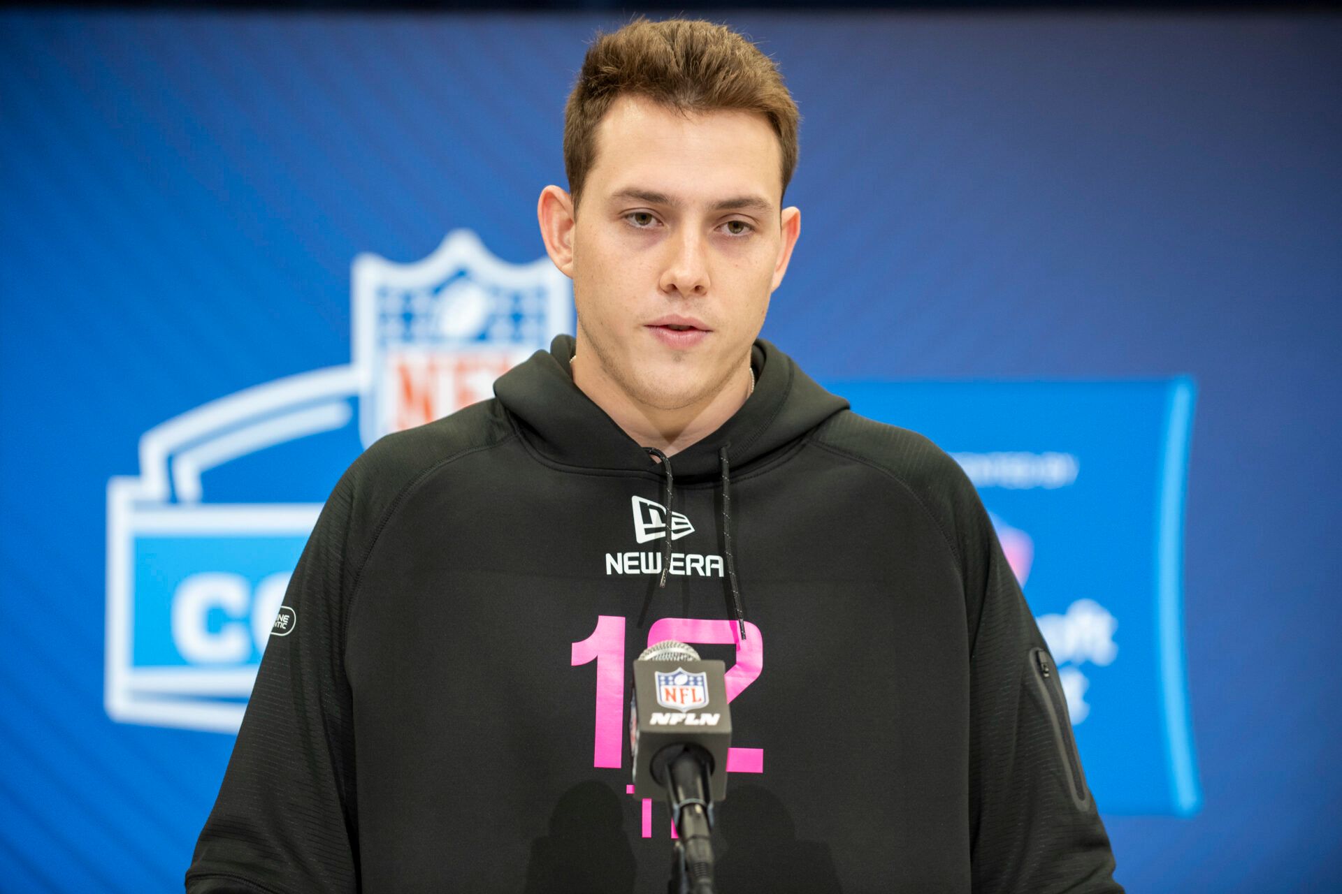 Feb 27, 2025; Indianapolis, IN, USA; Texas tight end Gunnar Helm (TE12) during the 2025 NFL Combine at Lucas Oil Stadium. Mandatory Credit: Tanner Pearson-Imagn Images