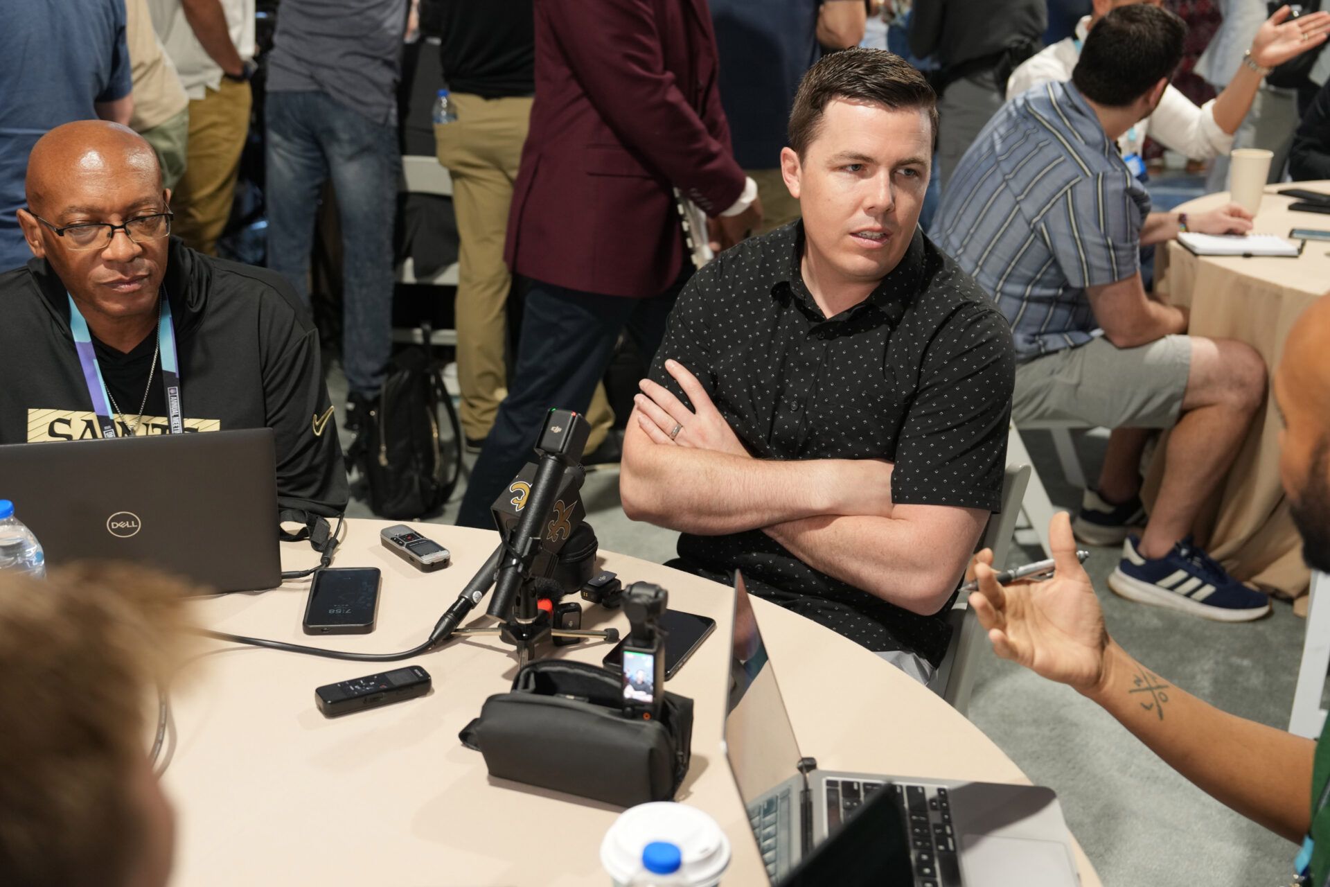 Apr 1, 2025; Palm Beach, FL, USA; New Orleans Saints head coach Kellen Moore answers questions from the media during the NFL Annual League Meeting at The Breakers. Mandatory Credit: Jim Rassol-Imagn Images