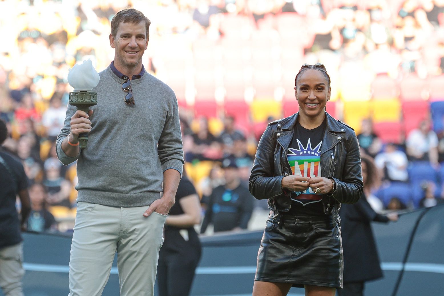 Apr 14, 2024; Harrison, New Jersey, USA; NJ/NY Gotham FC minority owner and retired New York Giant Eli Manning and VP/Head Instructor of Peloton Robin Arzon before the match between NJ/NY Gotham FC and the Kansas City Current at Red Bull Arena. Mandatory Credit: Vincent Carchietta-USA TODAY Sports