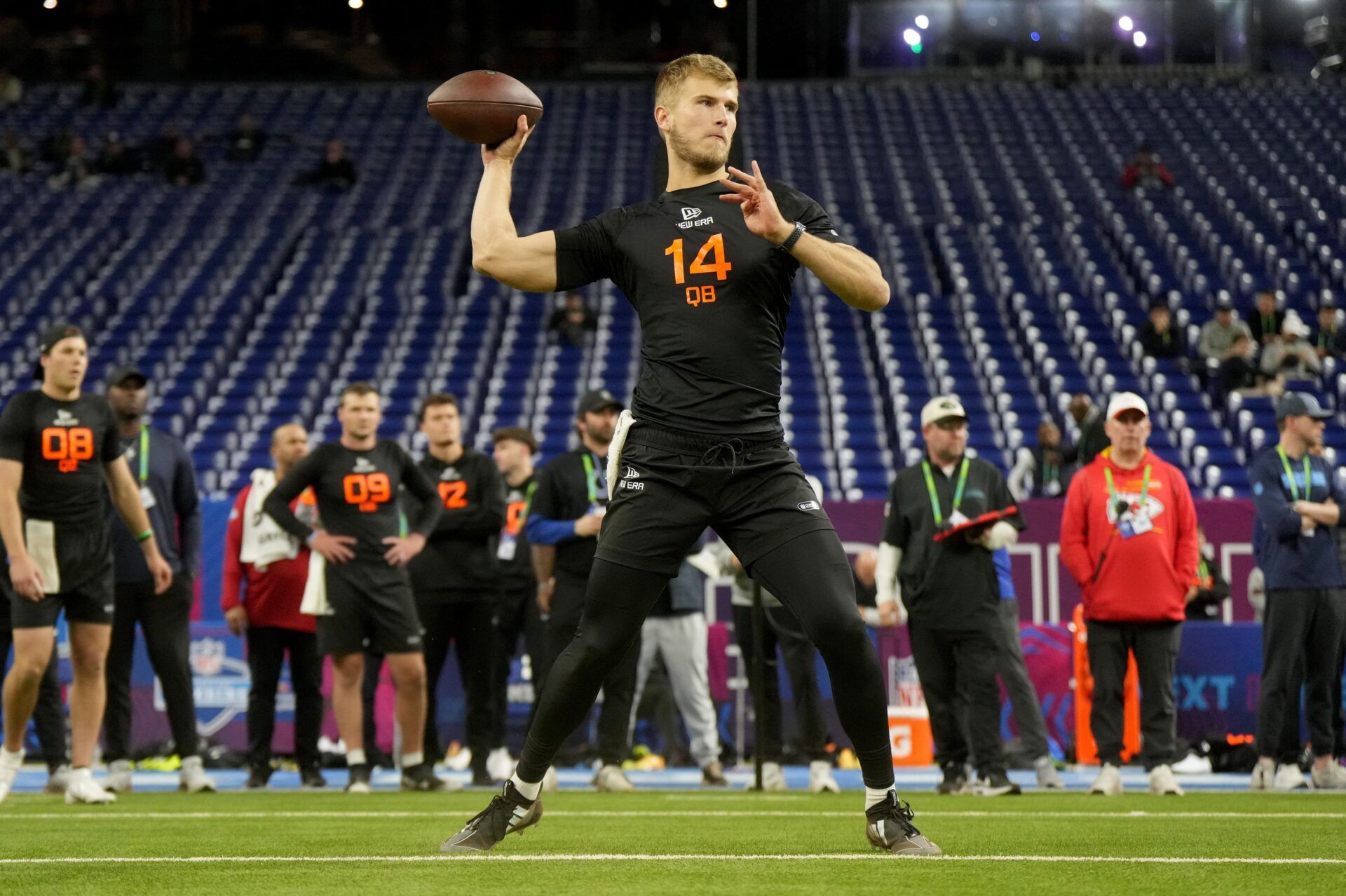 Mar 1, 2025; Indianapolis, IN, USA; Louisville quarterback Tyler Shough (QB14) during the 2025 NFL Combine at Lucas Oil Stadium. Mandatory Credit: Kirby Lee-Imagn Images
