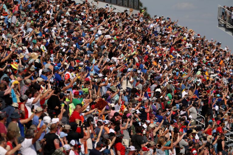 ROCKINGHAM, NORTH CAROLINA - APRIL 19: A general view of NASCAR fans in the grandstands during the NASCAR Xfinity Series North Carolina Education Lottery 250 presented by Black's Tire at Rockingham Speedway on April 19, 2025 in Rockingham, North Carolina. (Photo by James Gilbert/Getty Images)