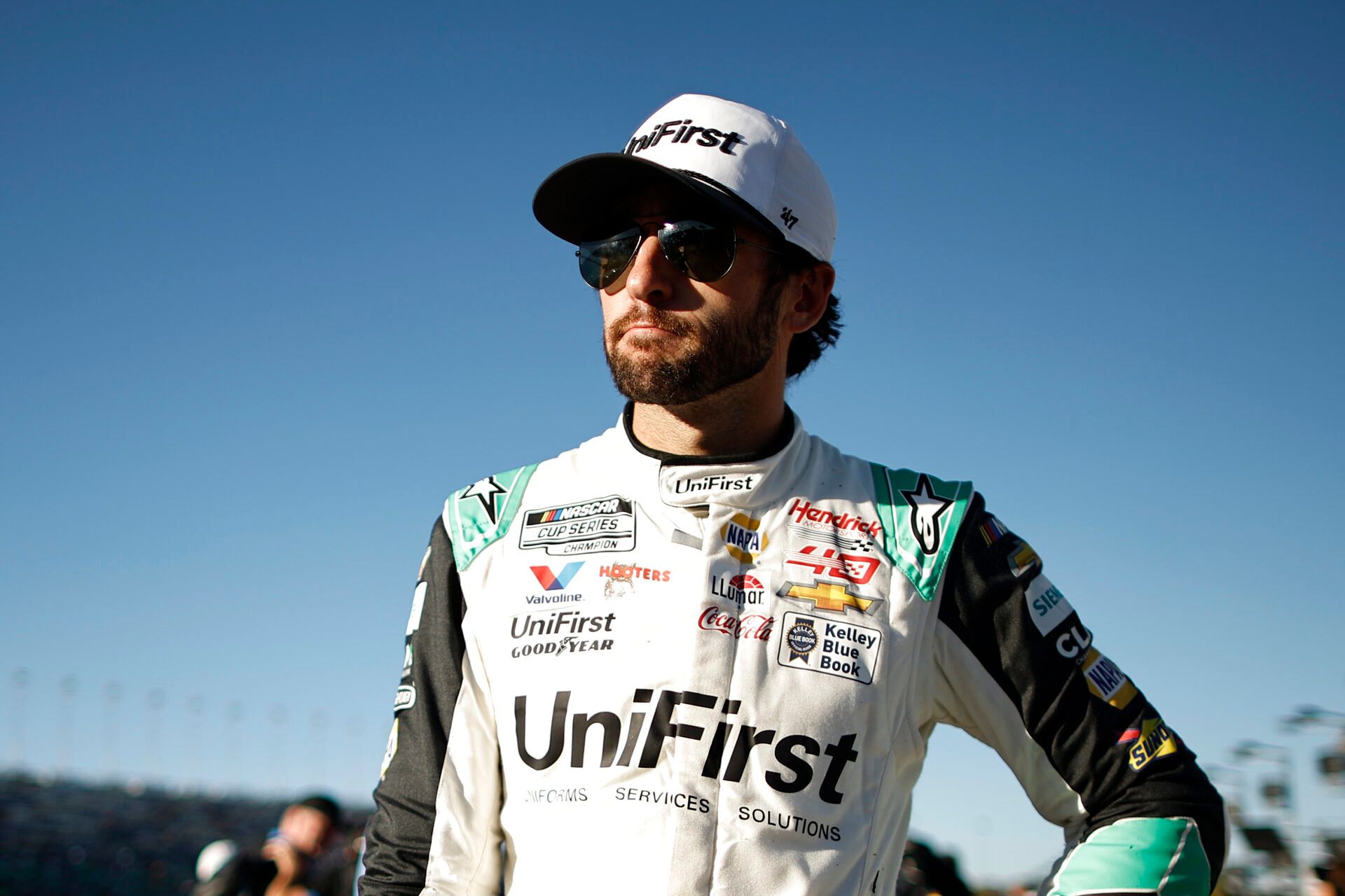 KANSAS CITY, KANSAS - SEPTEMBER 29: Chase Elliott, driver of the #9 UniFirst Chevrolet, reacts after the NASCAR Cup Series Hollywood Casino 400 Presented by ESPN BET at Kansas Speedway on September 29, 2024 in Kansas City, Kansas. (Photo by Chris Graythen/Getty Images)