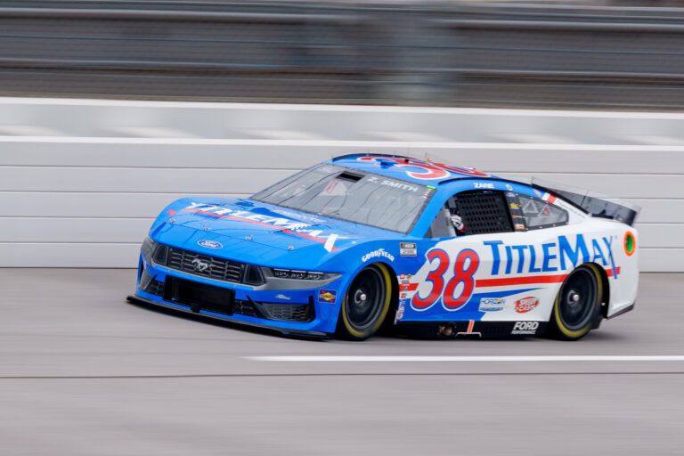 Apr 26, 2025; Talladega, Alabama, USA; NASCAR Cup Series driver Zane Smith (38) comes out of turn four at Talladega Superspeedway. Mandatory Credit: Jason Allen-Imagn Images